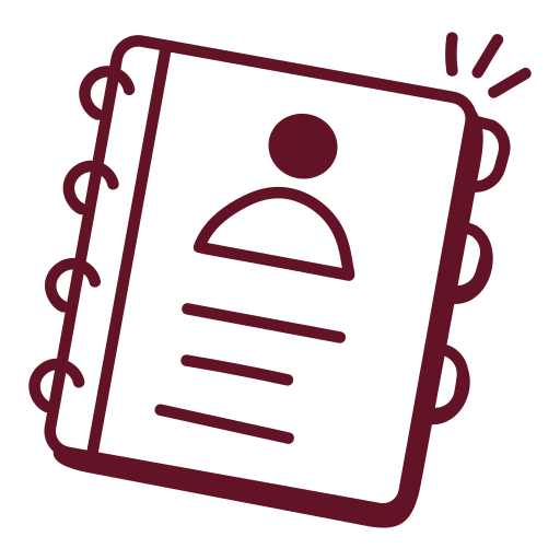 Outline of a notebook or contact book with a person icon and several lines of text.