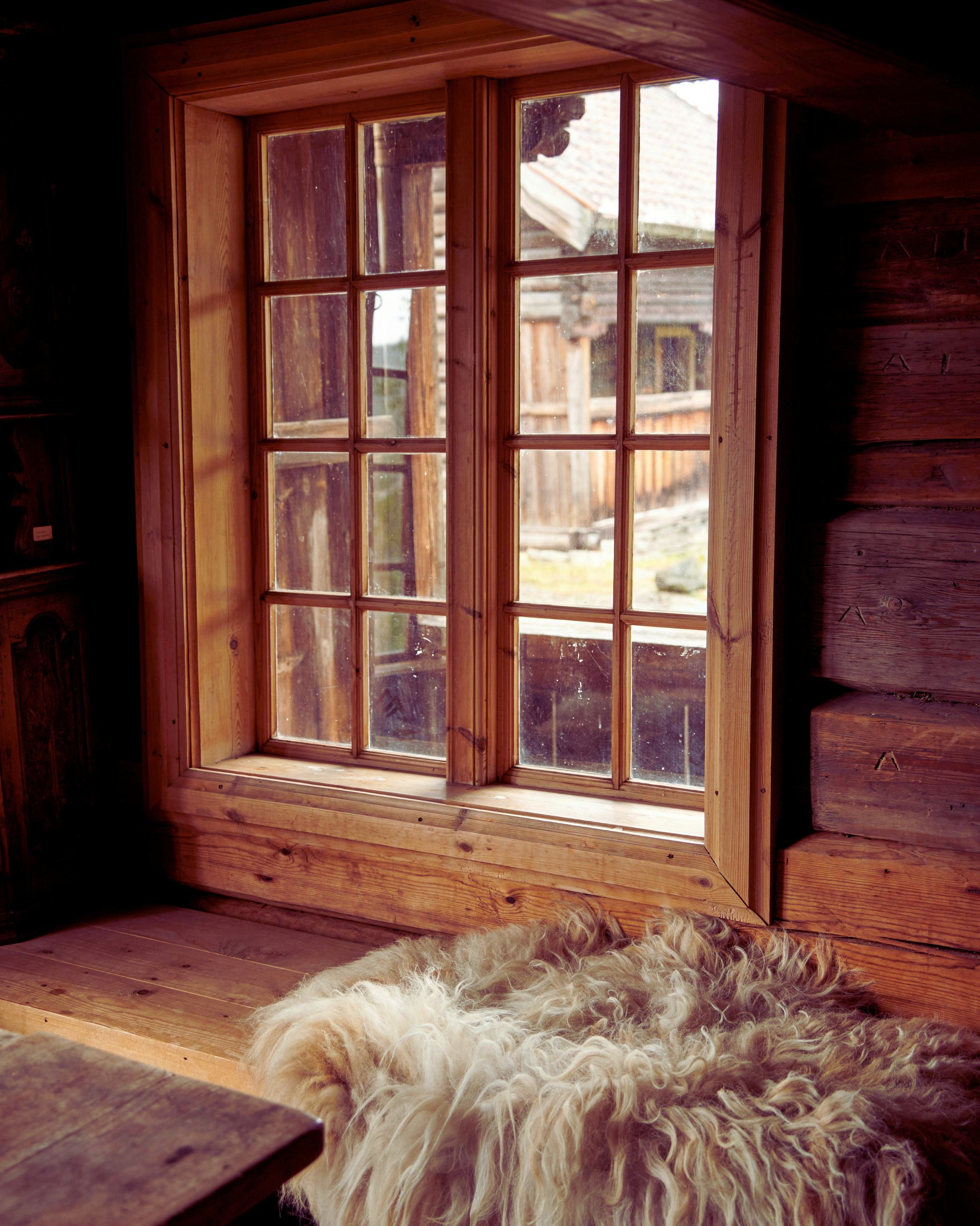 A cozy wooden room with a large window showing an outdoor scene with a wooden fence and buildings, and a fluffy light-colored dog sleeping on a fur rug near the window.