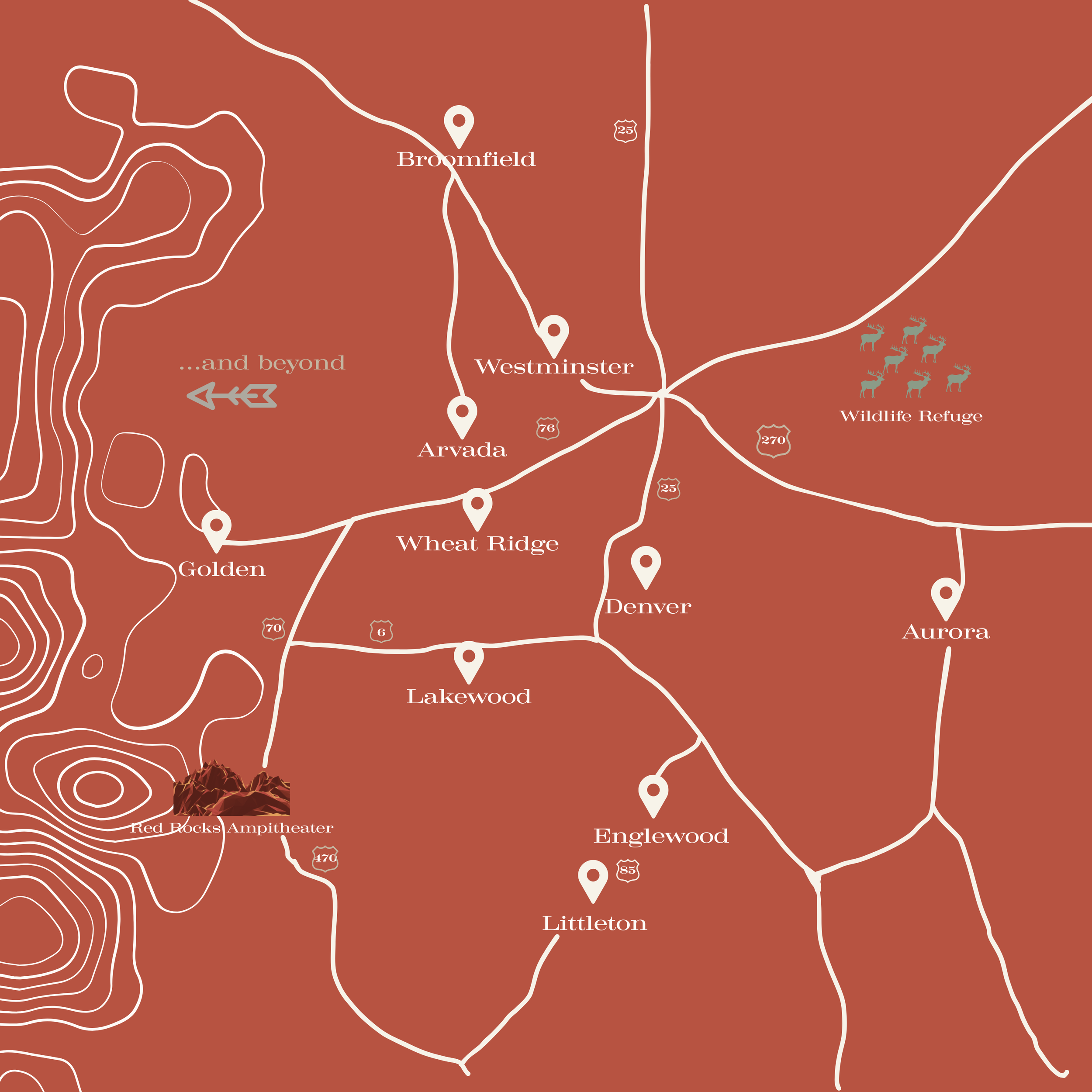 Map of a region with location markers for Denver, Wheat Ridge, Golden, Lakewood, Littleton, Englewood, Aurora, Westminster, Arvada, Broomfield, Red Rocks Amphitheater, and a Wildlife Refuge, showing nearby highways.