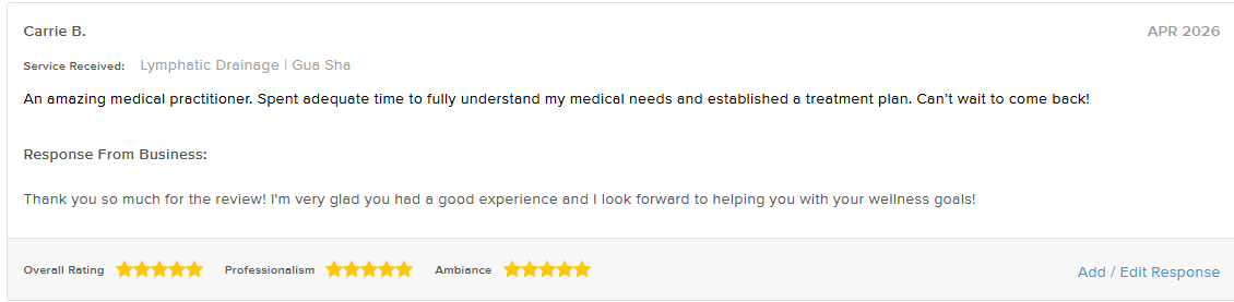 Customer review of medical practice for lymphatic drainage in Gua Sha, expressing satisfaction and looking forward to continued wellness support.