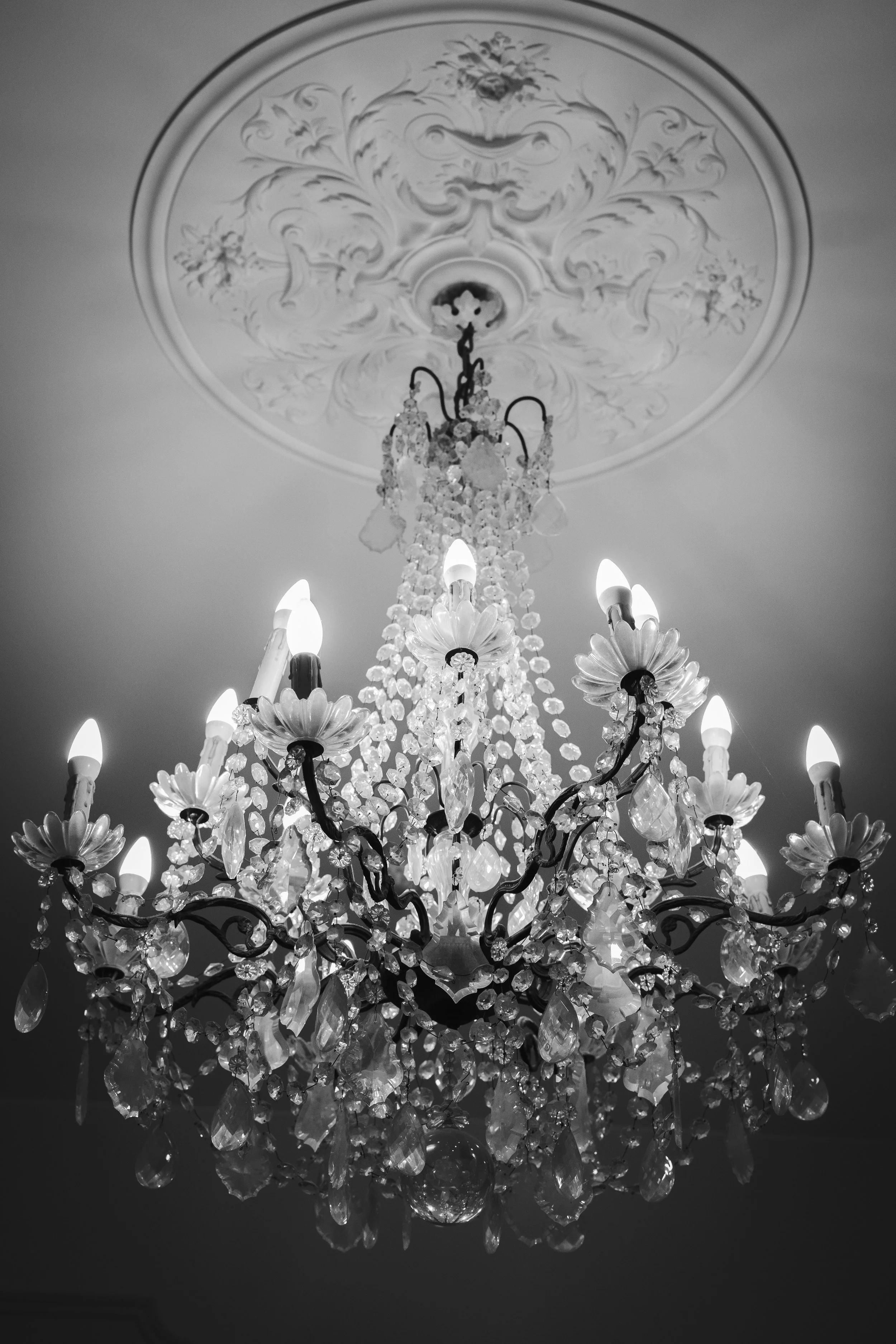 Un chandelier en cristal suspendu au plafond avec un décor orné de fleurs, en noir et blanc.