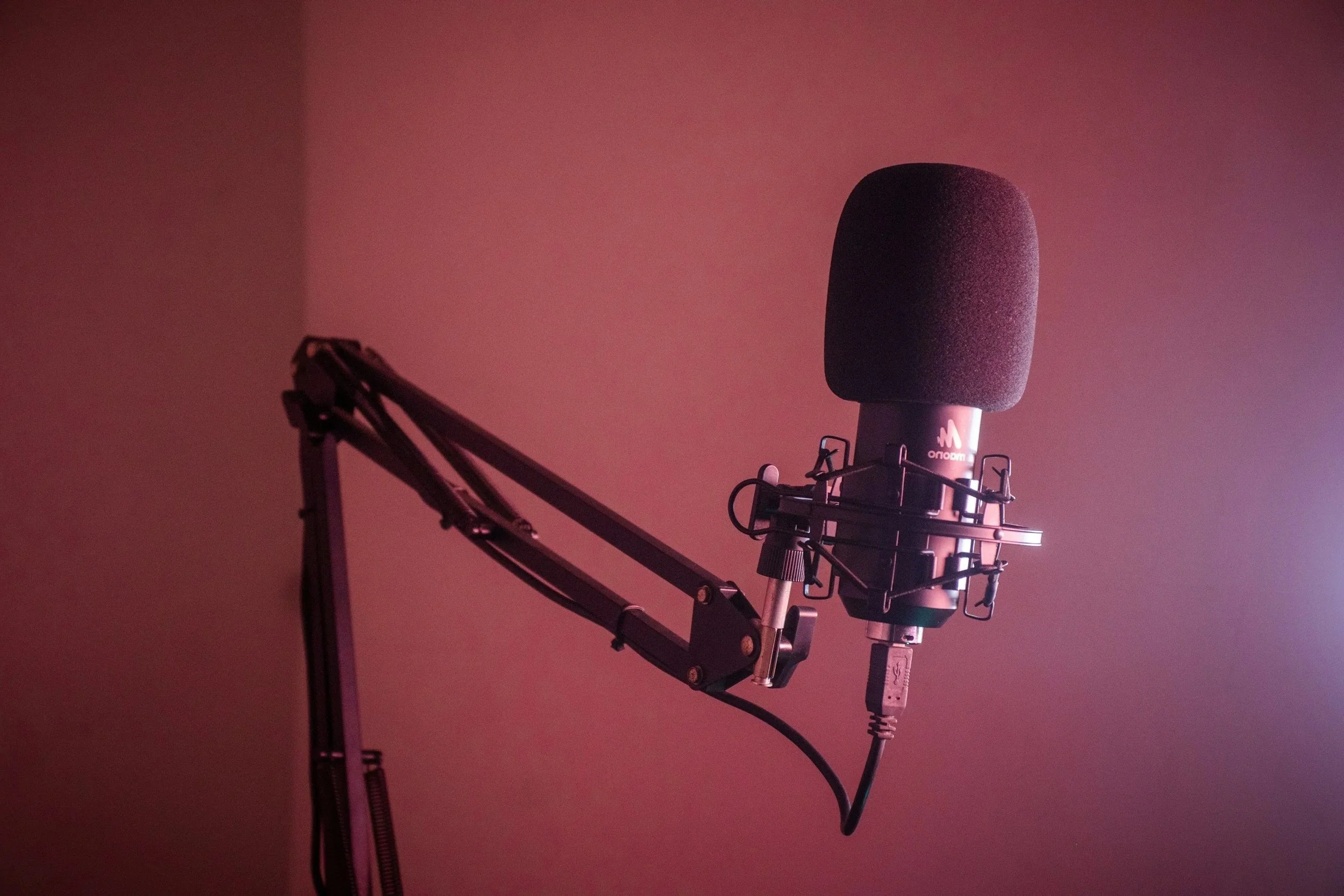 A microphone with a foam windscreen mounted on an adjustable arm stand, set against a pinkish-purple gradient background.