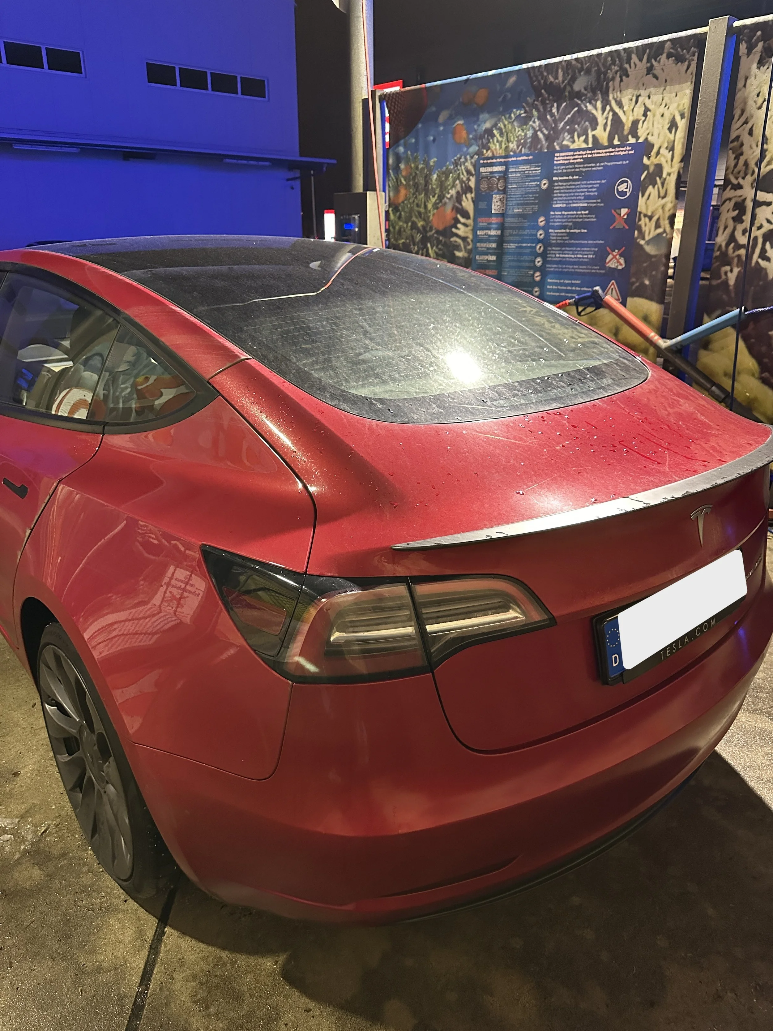 Roter Tesla Model S mit Staub und Wasserflecken, parkend vor einer Meereswelt-Ausstellung mit Info-Tafel bei Nacht.