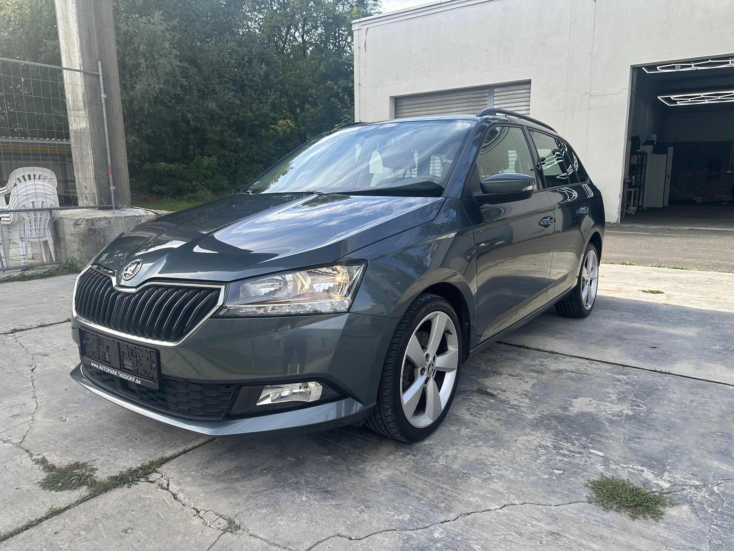 Schwarzer Skoda Fabia vor einer Garage