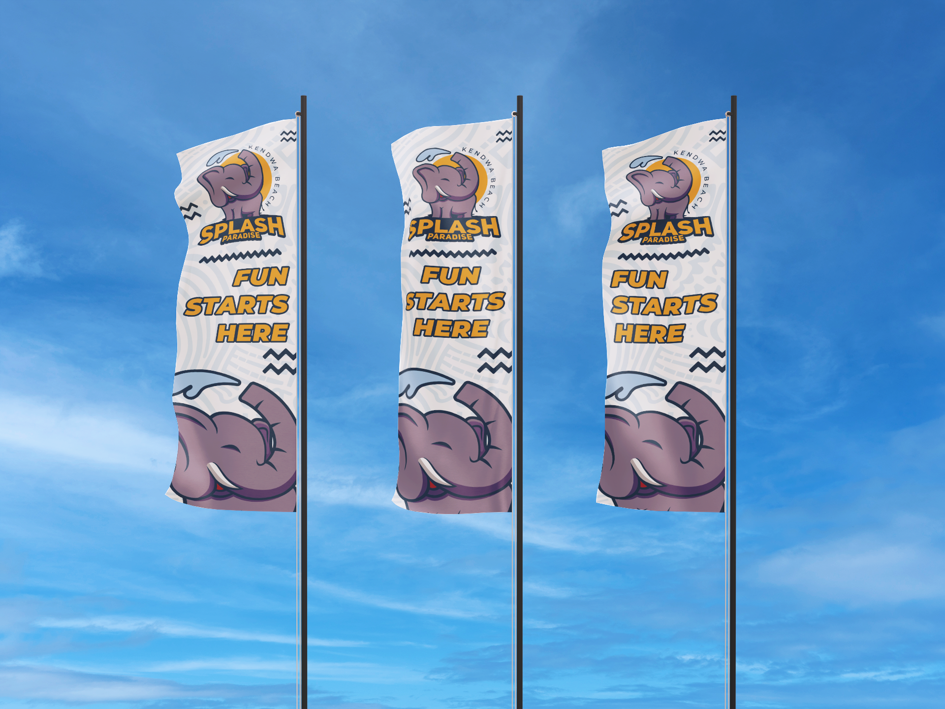 Three vertical banners on flagpoles against a blue sky with thin clouds. The banners feature a cartoon elephant with a sunset behind it, the words 'SPLASH PARADISE' at the top, and the words 'FUN STARTS HERE' in the middle, with wavy patterns around 