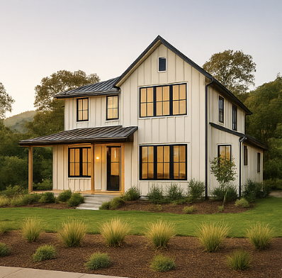 Two-story modern house with white exterior, black window frames, metal roof, and landscaped front yard.