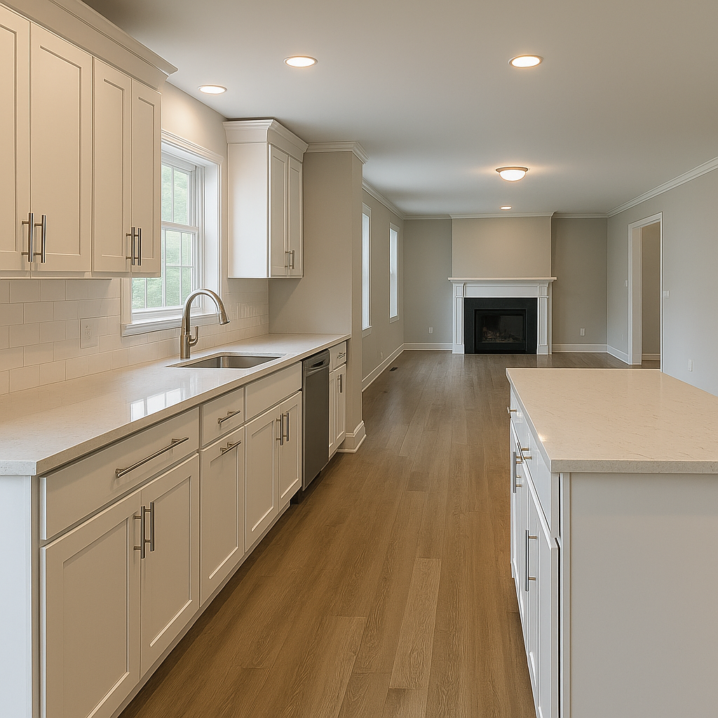 Modern kitchen with white cabinets, a large island, hardwood floors, and a view of a living room with a fireplace.