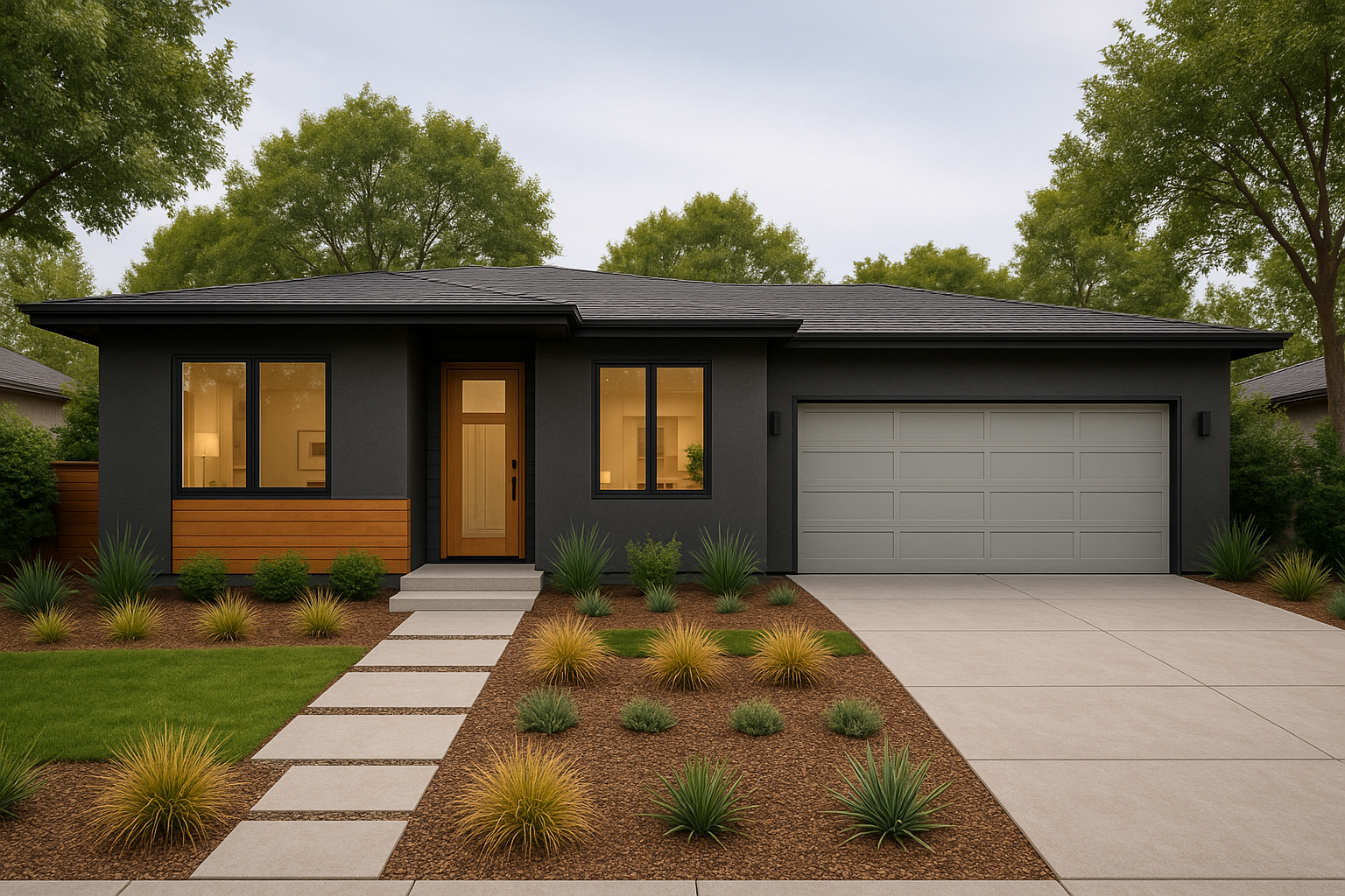 Modern single-story house with dark gray exterior, wooden front door, and two large front windows, surrounded by landscaped yard with green grass, mulch, and drought-tolerant plants, with a concrete driveway on the right and a walkway leading to the front door.