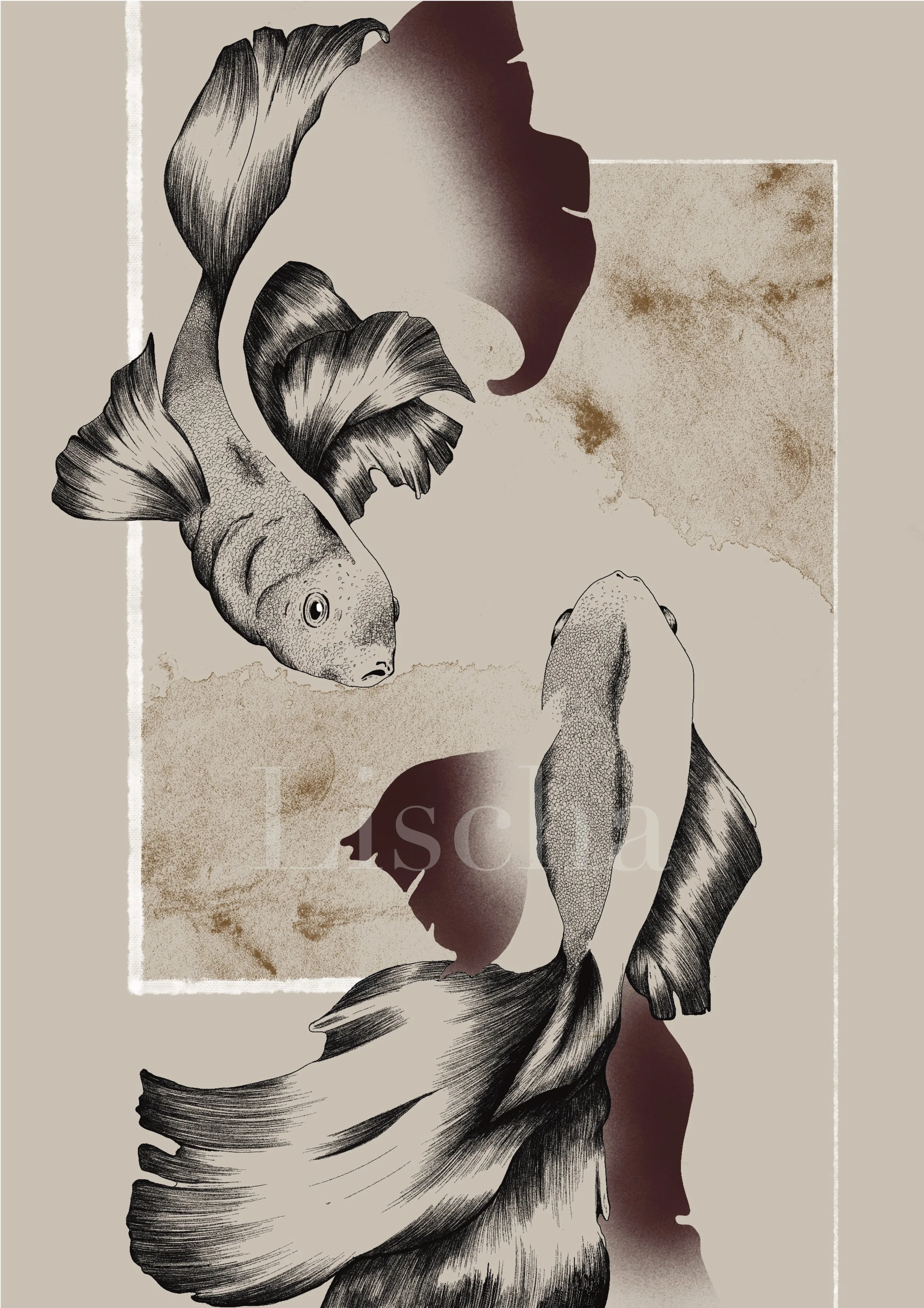 Zeichnung mit zwei Fischen und künstlerischen Farbverläufen auf beigem Hintergrund.