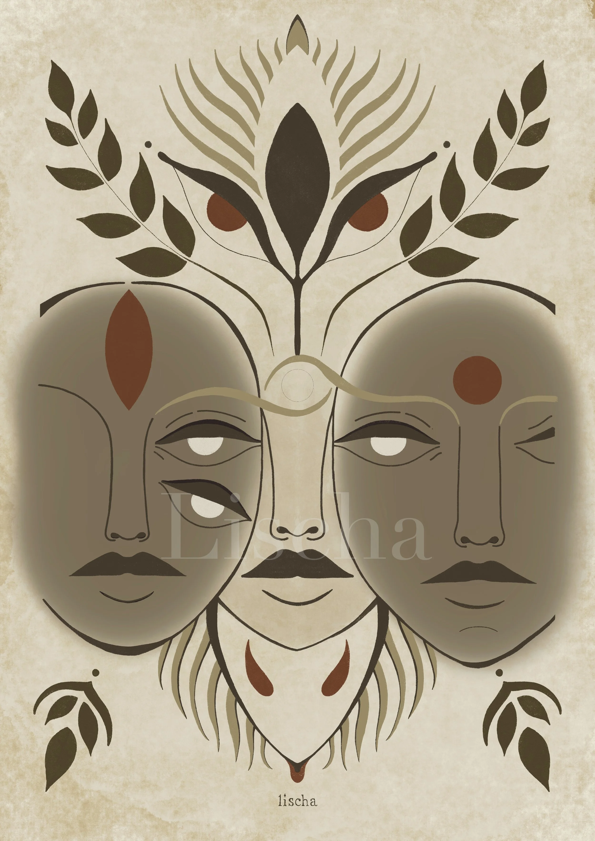 Digitale Illustration von drei Gesichtern, umgeben von Blättern und Pflanzen, im stilisierten, abstrakten Design.