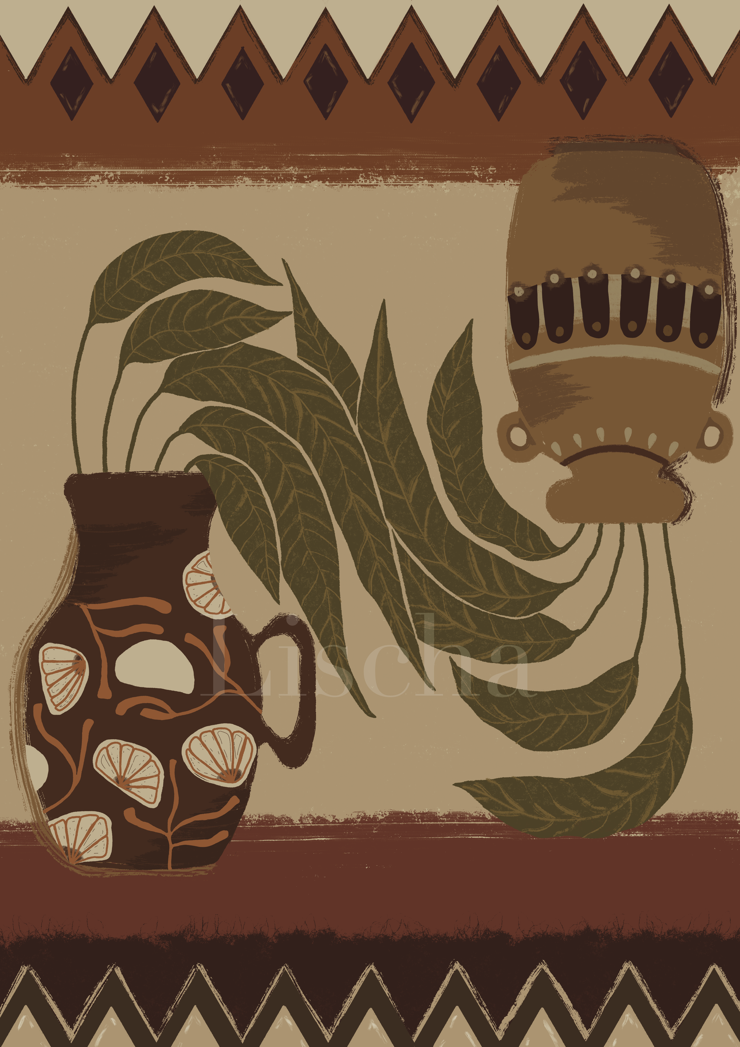 Eine Vintage-Tapete mit einem braunen Krug mit Orangenmuster, einer Pflanze mit großen Blättern und einer traditionellen Trommel.
