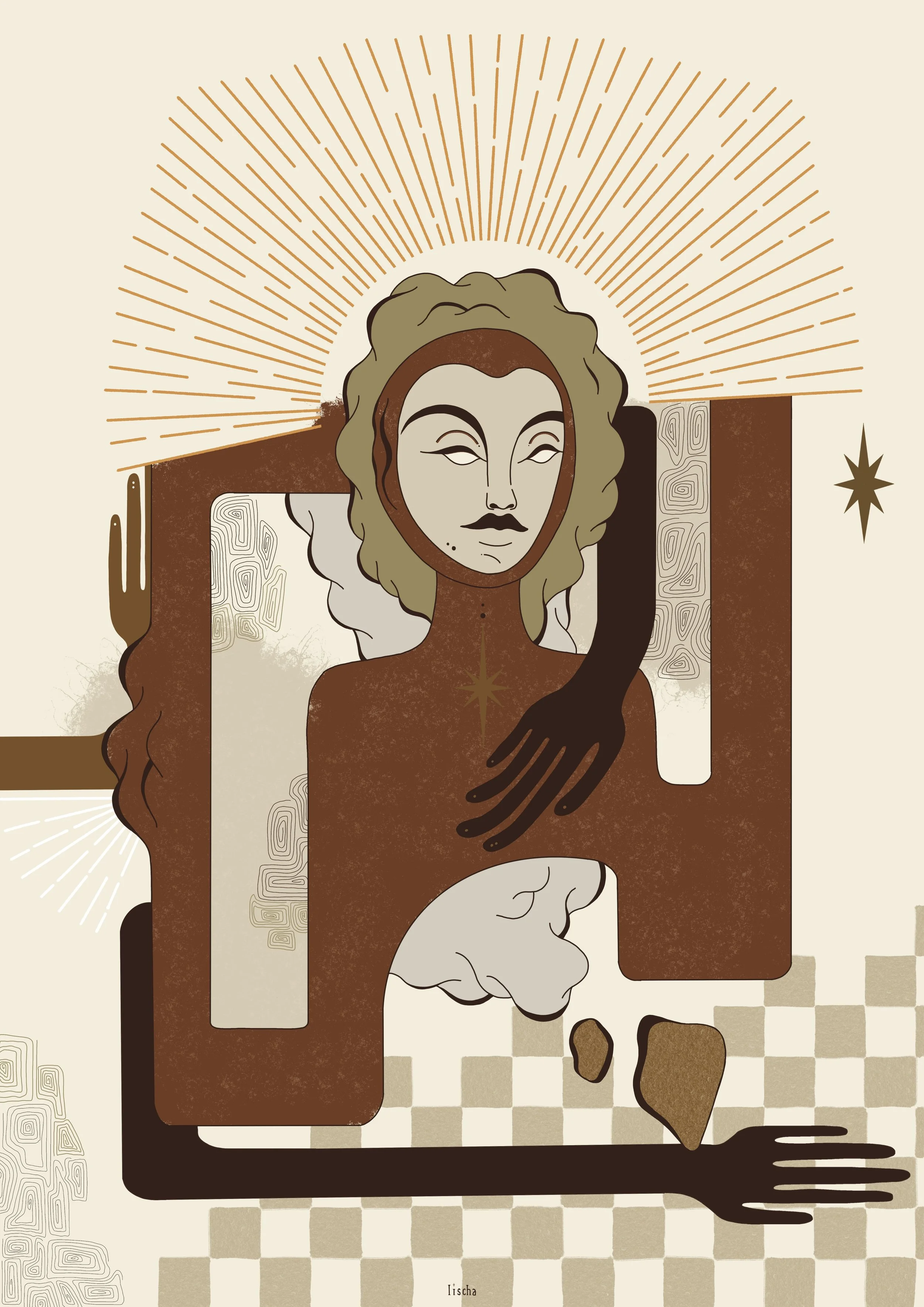 Abstrakte Illustration einer Frau mit Sonnenstrahlen im Hintergrund, geometrischen Mustern und dezenter Farbpalette aus Braun, Beige und Schwarz.