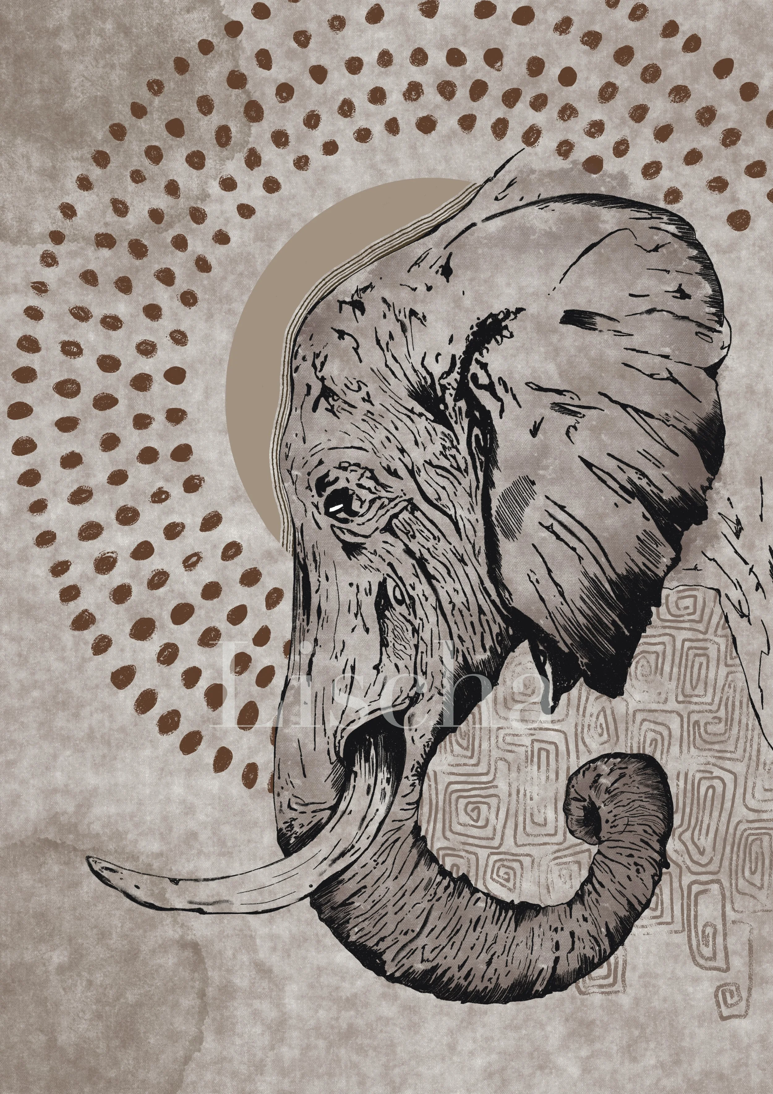 Zeichnung eines Elefantenkopfes mit einem langen Rüssel, umgeben von künstlerischen Mustern und stilisierten Elementen in Braun- und Grautönen.
