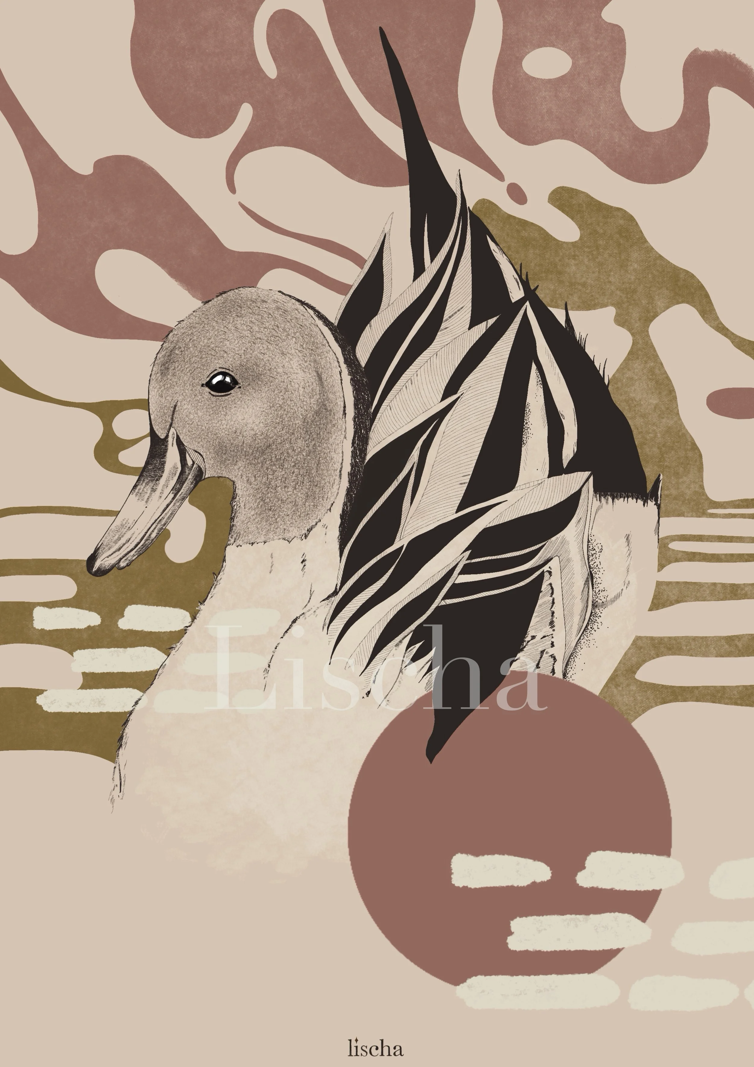 Künstlerische Illustration eines Stockentenkopfes mit abstrakten, erdigen Farbflächen im Hintergrund.