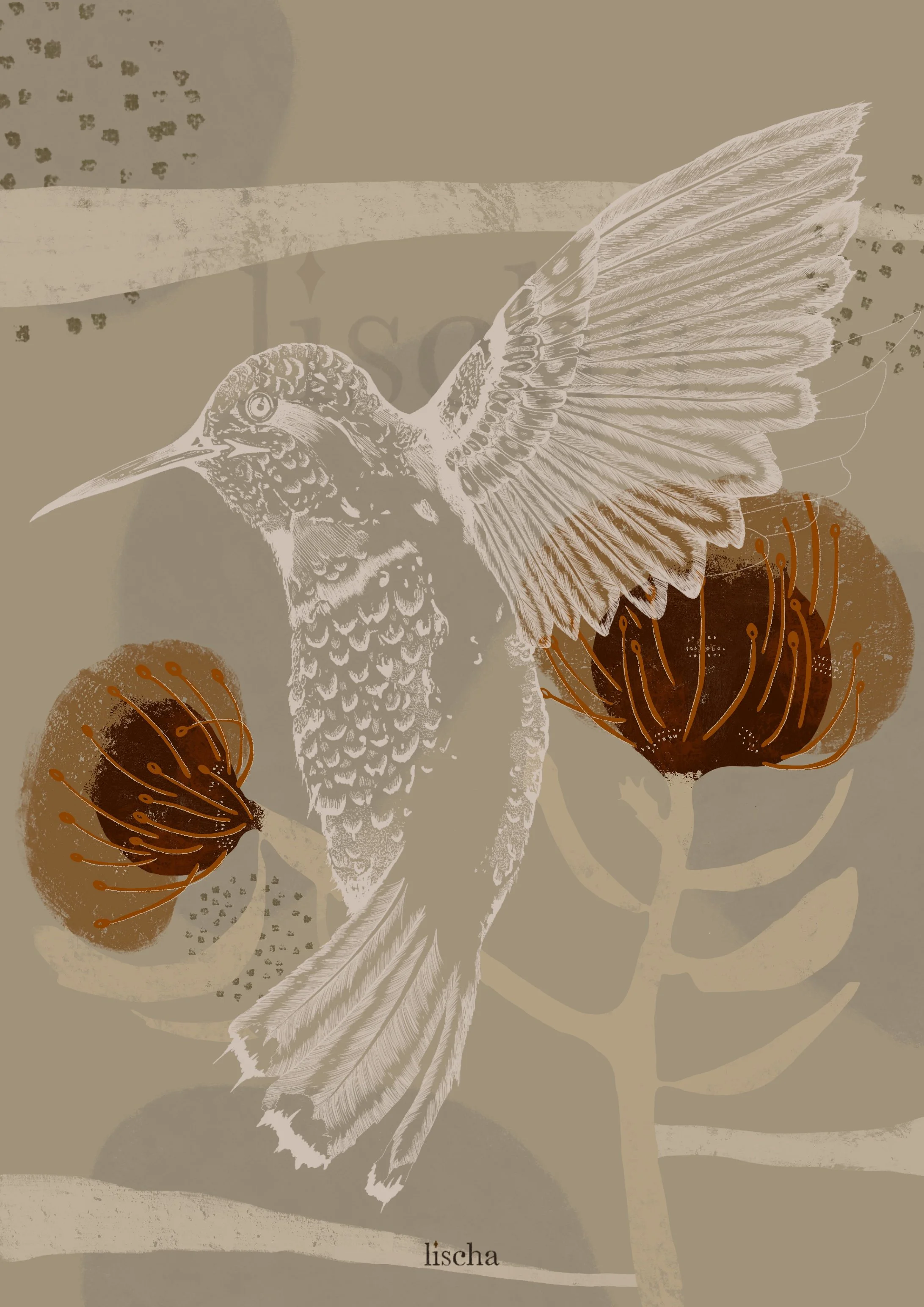 Digitales Kunstwerk eines Hummels mit detaillierten Flügeln, umgeben von braunen Blüten auf beige-grauem Hintergrund