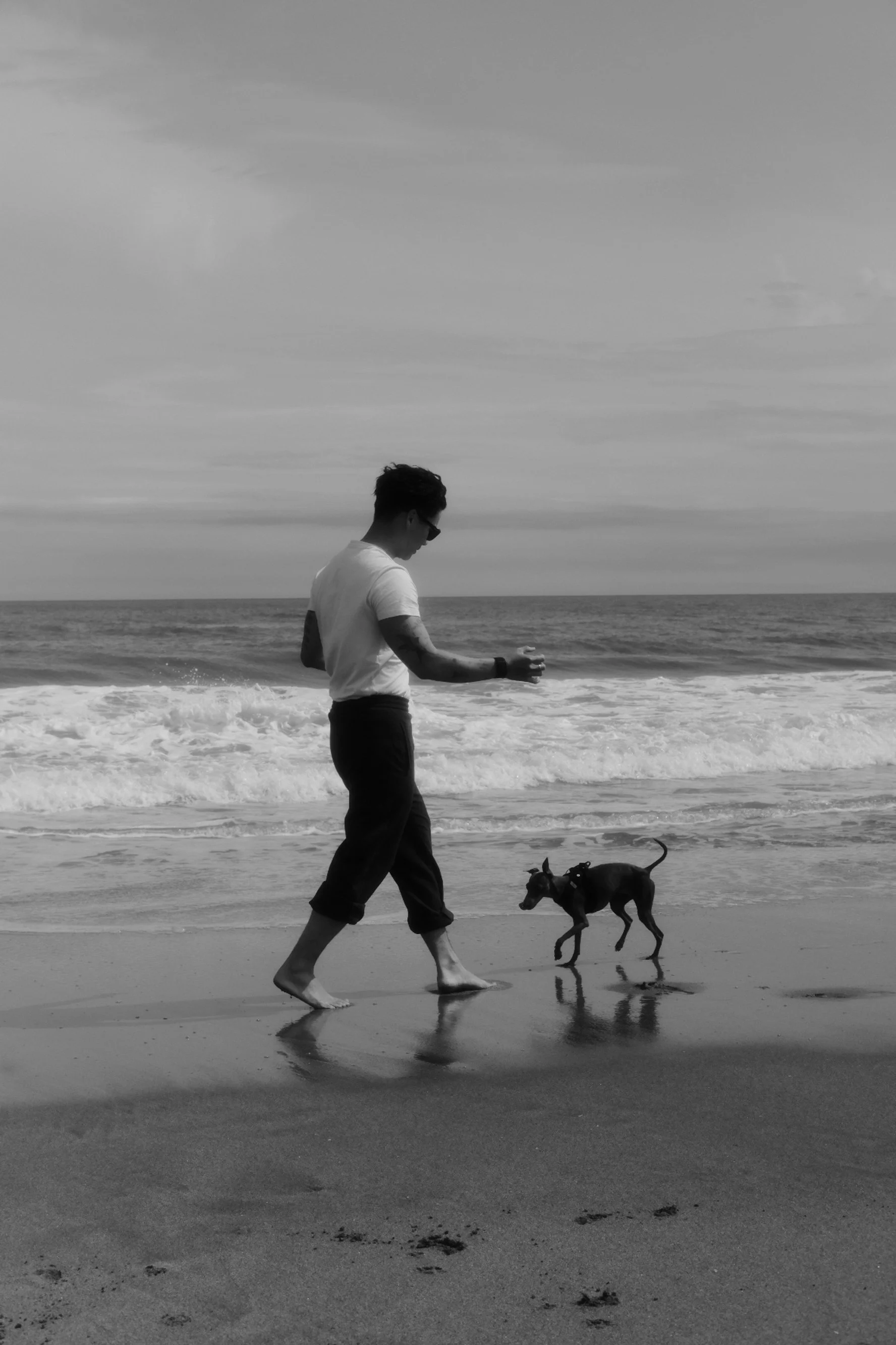 Ein Mann läuft barfuß am Strand mit seinem Hund, während die Wellen im Hintergrund brechen.