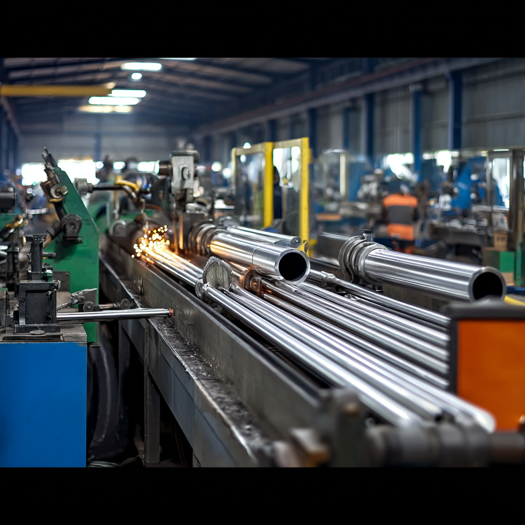 Industrial manufacturing factory with metal pipes on conveyor and sparks from welding process.