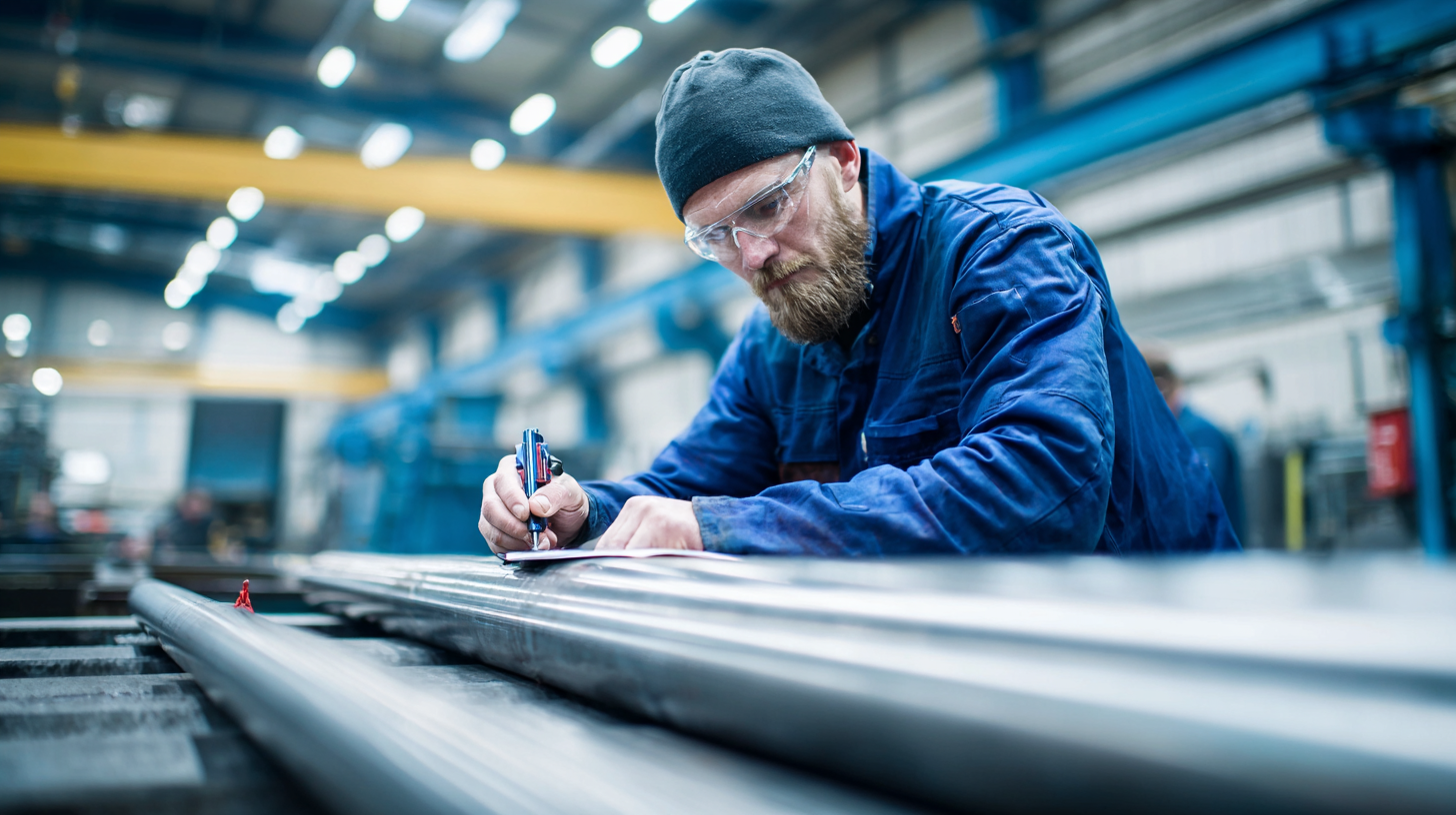 A man with a beard, glasses, gray beanie, and blue work jacket marking metal pipes with a marker inside an industrial warehouse.