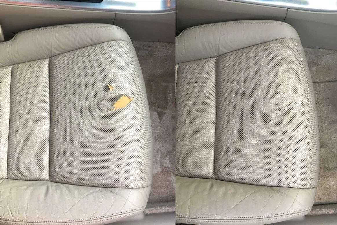Auto upholstery repair on leather car seat