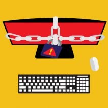 a computer with a padlock around the screen