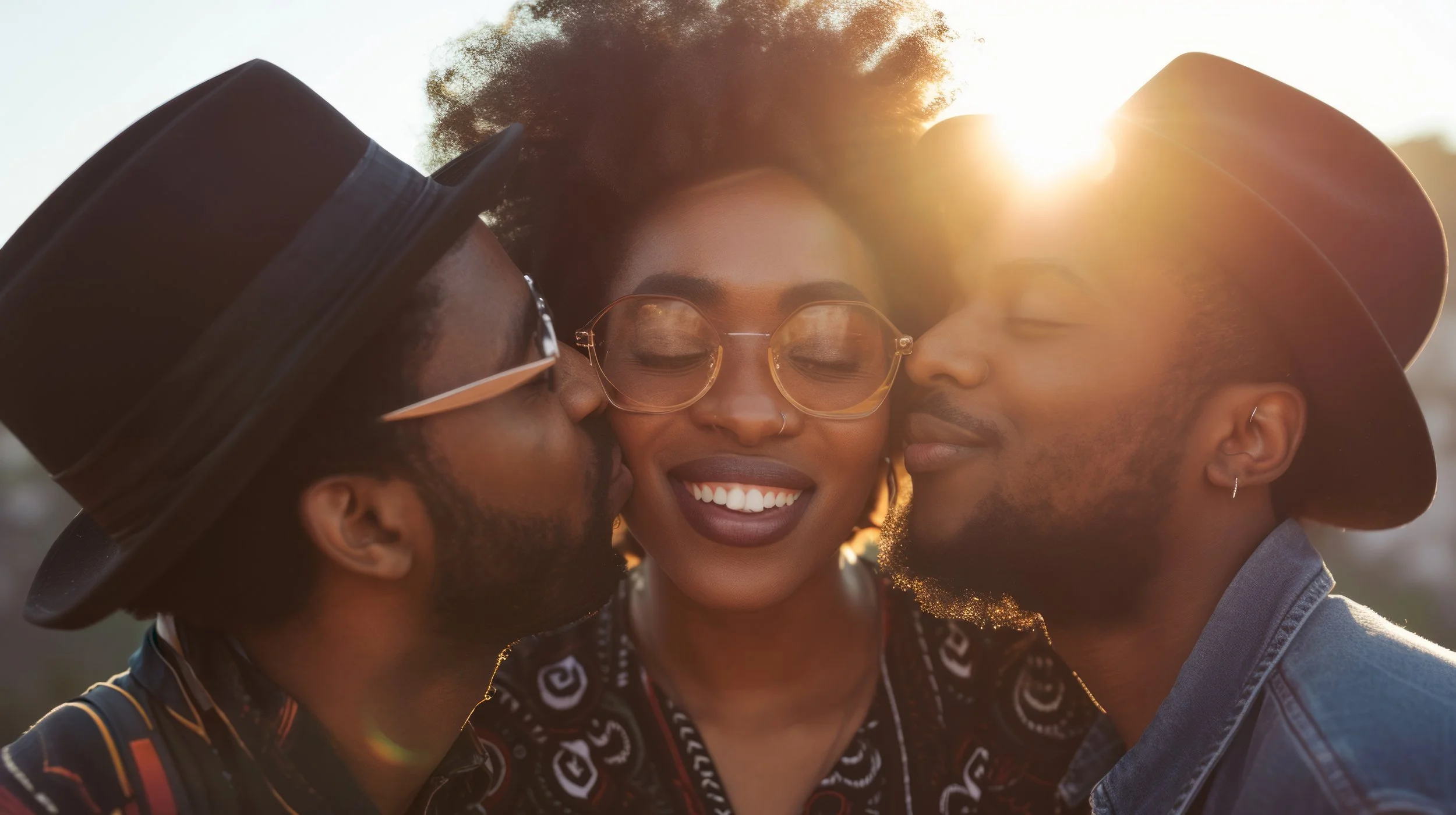 Three friends with hats and glasses sharing a kiss and a hug during sunset.