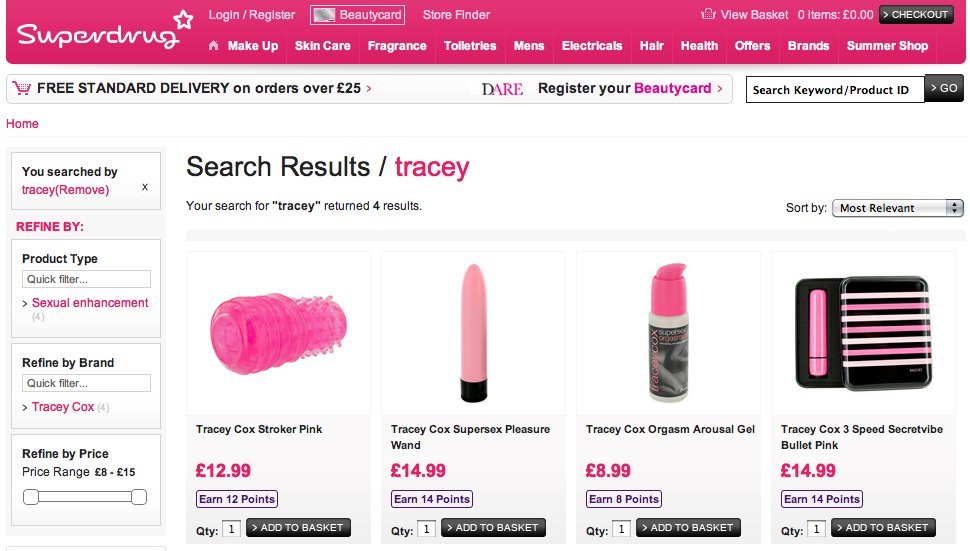 Search results page for the keyword 'tracey' showing four pink-colored adult products: a pink vibrating toy, a pink pleasure wand, a pink arousal gel, and a pink bullet vibrator in a striped case.
