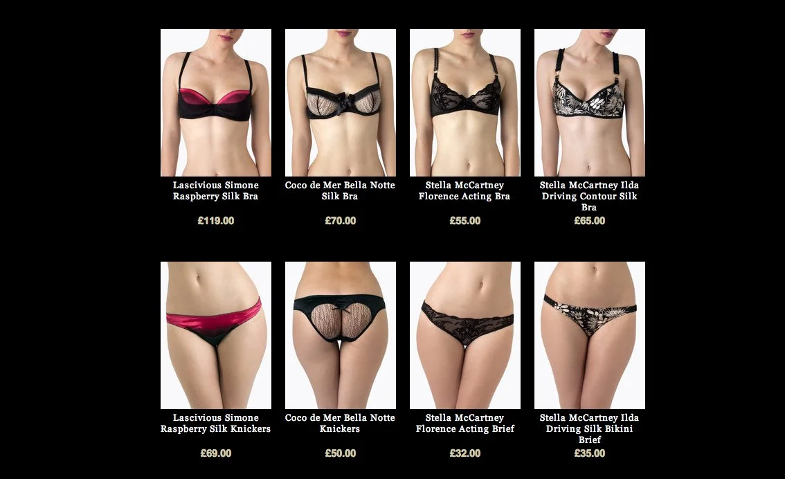 Six images of women modeling lingerie, including bras, knickers, briefs, and bikinis, each with brand names and prices listed below.