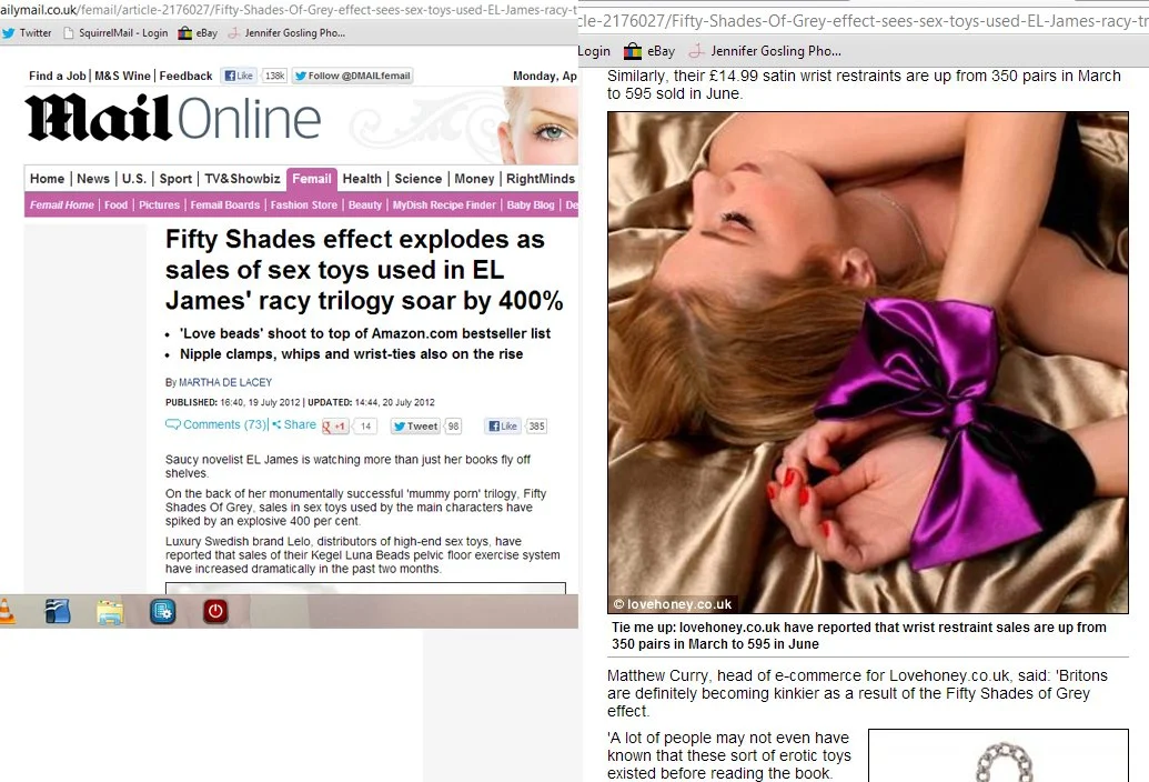 Screenshot of a news article from MailOnline about the increase in sales of sex toys used in EL James' Fifty Shades of Grey trilogy, featuring an image of a woman lying on a bed with a satin ribbon around her arm.