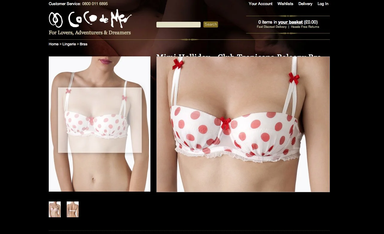 Online store webpage displaying a polka dot lingerie bra with red bows, shown on a model on the left and a close-up on the right.