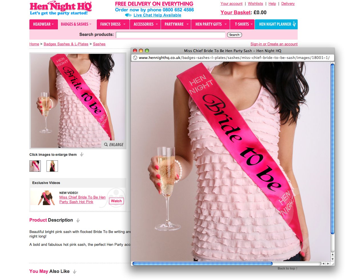 A woman wearing a pink sash that says 'Bride To Be' and holding a champagne flute. She is dressed in a pink, textured dress with ruffled layers. The image appears to be part of a webpage advertising Hen Night sashes.