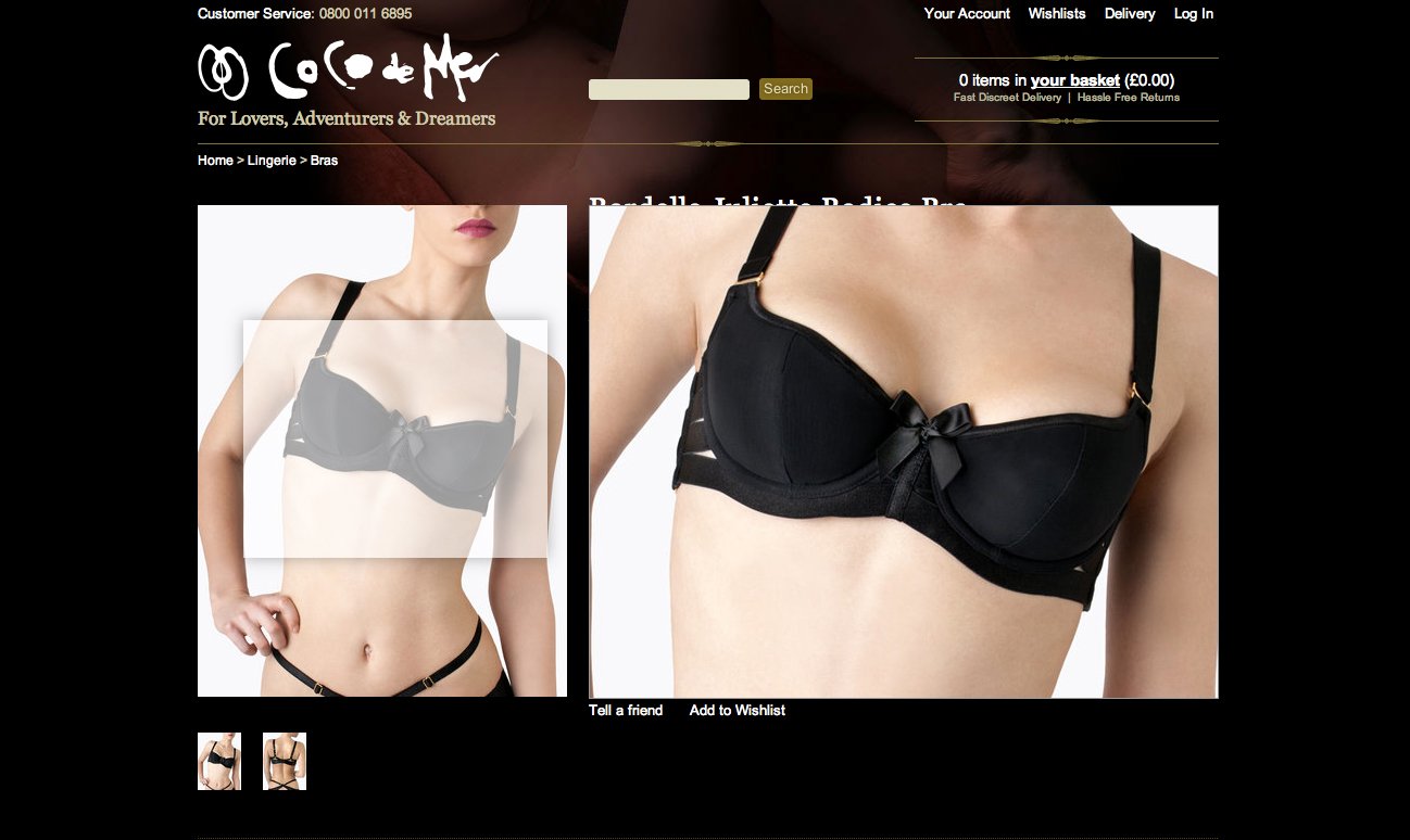 Online lingerie shopping webpage displaying a black bra with a bow, model wearing it, and product close-up.