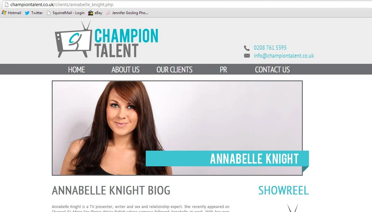Screenshot of a professional website for Champion Talent, featuring Annabelle Knight's profile with a photo of her, the company logo, and contact information.