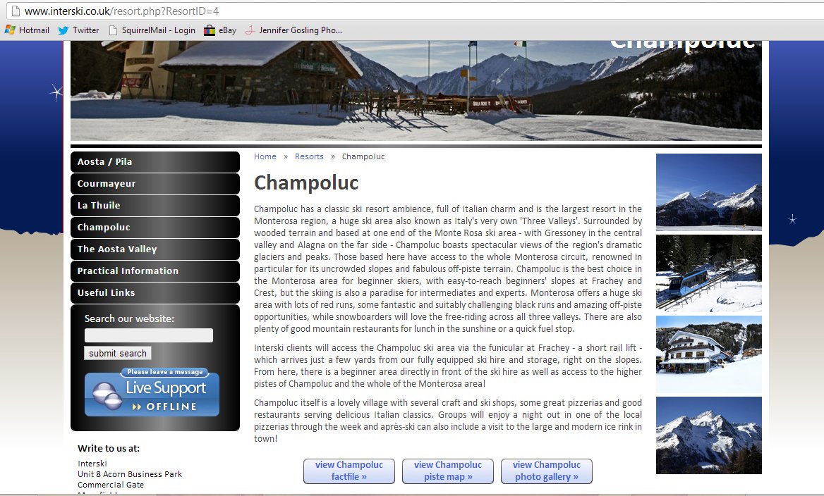 Screenshot of the Champoluc ski resort webpage showing mountain scene, snow-covered slopes, ski area details, and photos of the surrounding mountains.