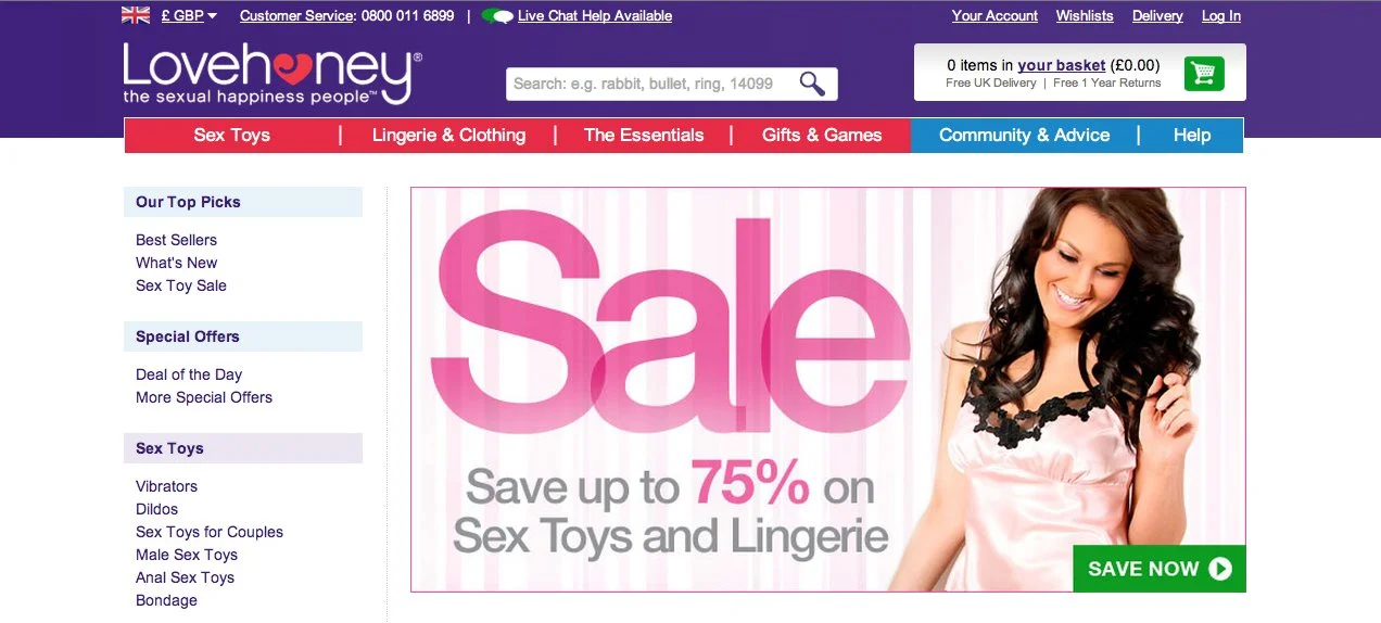 Online store homepage for Lovehoney with a sale banner advertising discounts up to 75% on sex toys and lingerie, featuring a smiling woman in pink silk lingerie.