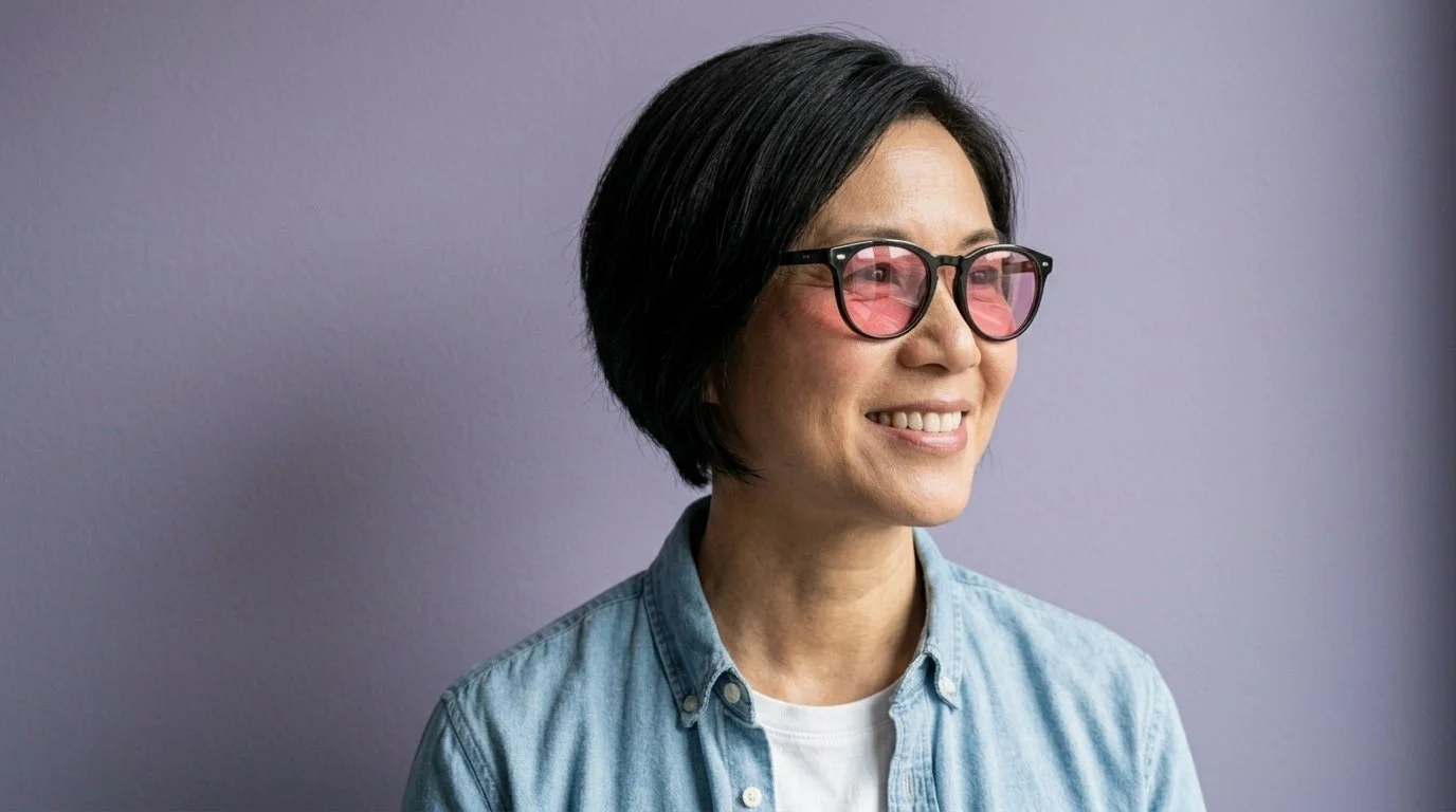 Adult wearing custom rose-tinted Spectral Filters during a diagnostic screening at Irlen Vancouver Island.