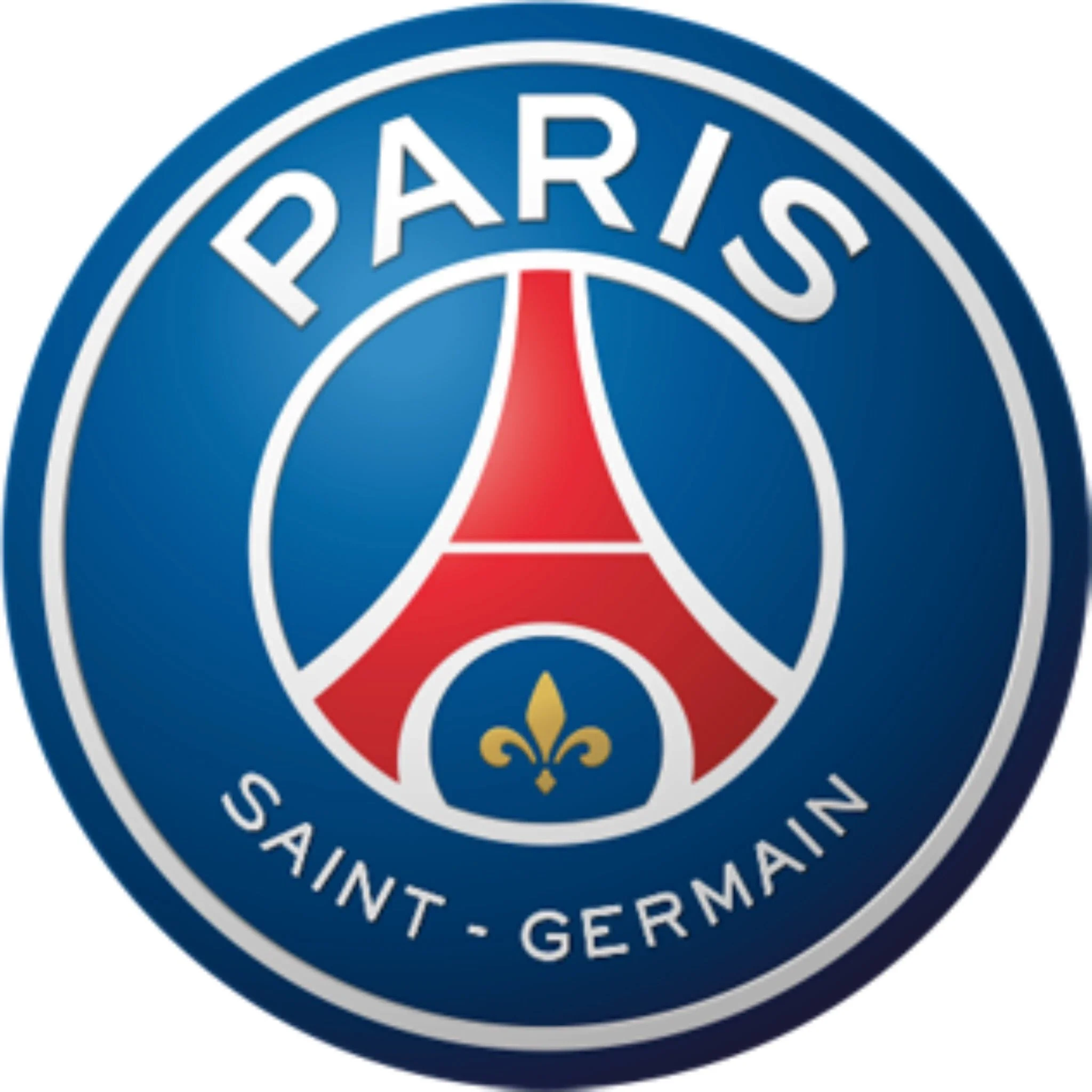 Logo of Paris Saint-Germain Football Club, featuring a red Eiffel Tower and a gold fleur-de-lis, with a blue background and white circular border, text reading 'PARIS' at the top and 'SAINT - GERMAN' at the bottom.