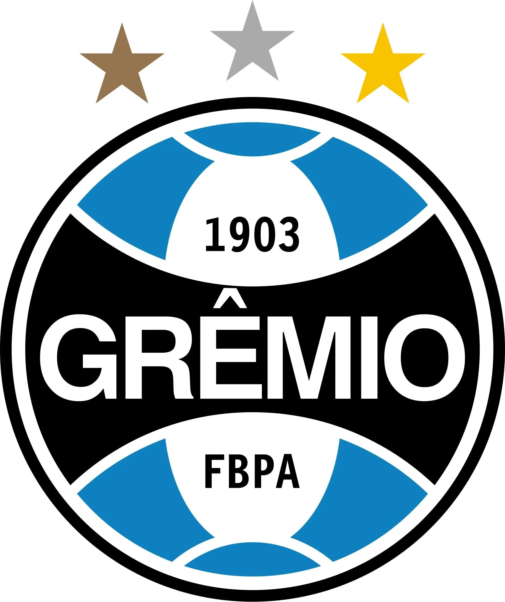 Gremio football club logo with black, blue, and white colors, a soccer ball design, three stars above in gold, silver, and yellow, the year 1903, and the words 'GREMIO' and 'FBPA'.