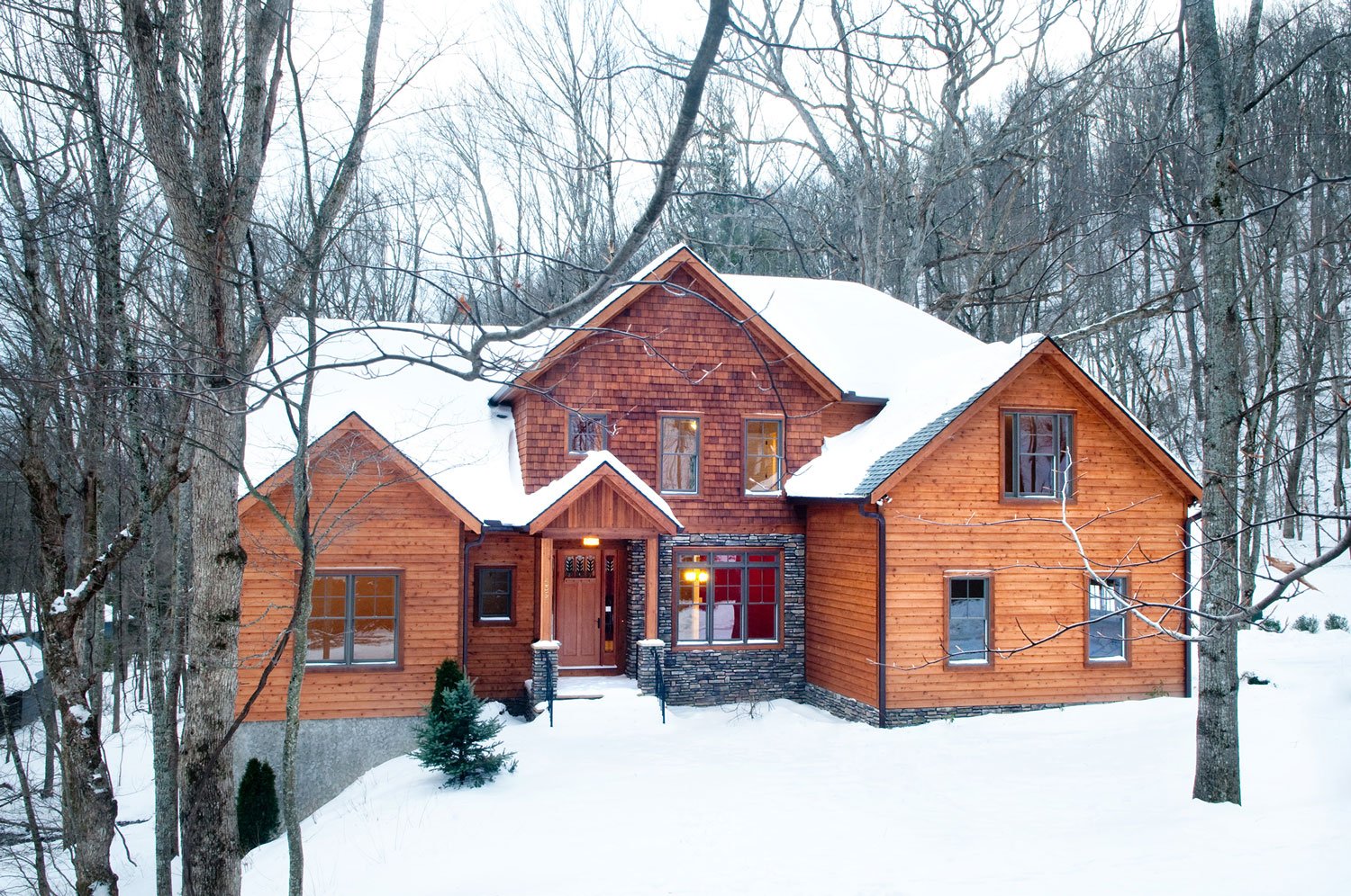 A wooden house with snow-covered roof and yard, surrounded by leafless trees in winter