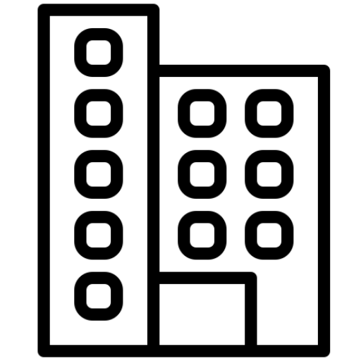 Line drawing of two apartment buildings with multiple windows.