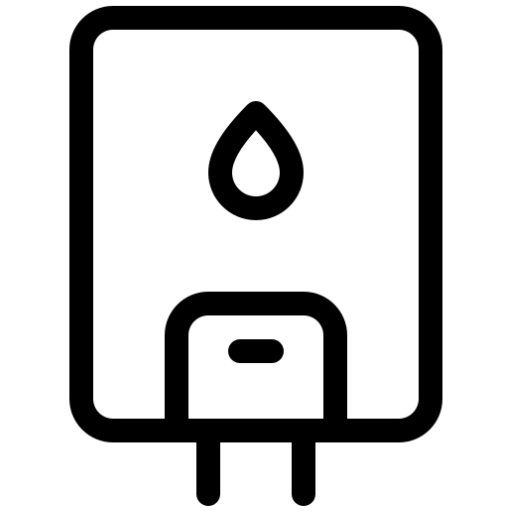 A symbol for a water dispenser or water supply, showing a water drop above a rectangular shape with a small slot, and a tap underneath.