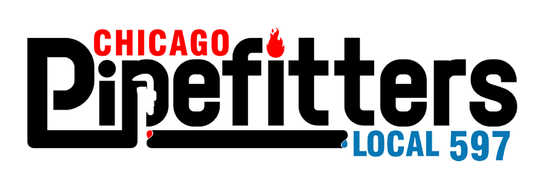 Logo for Chicago Pipefitters Local 597 with black background, red 'CHICAGO' text, black outlined 'Pipefitters' text, and blue 'LOCAL 597' text.
