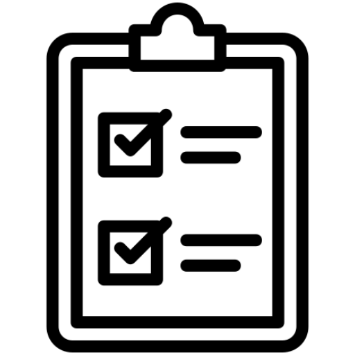 Black and white icon of a clipboard with a checklist, showing three checkboxes with check marks.