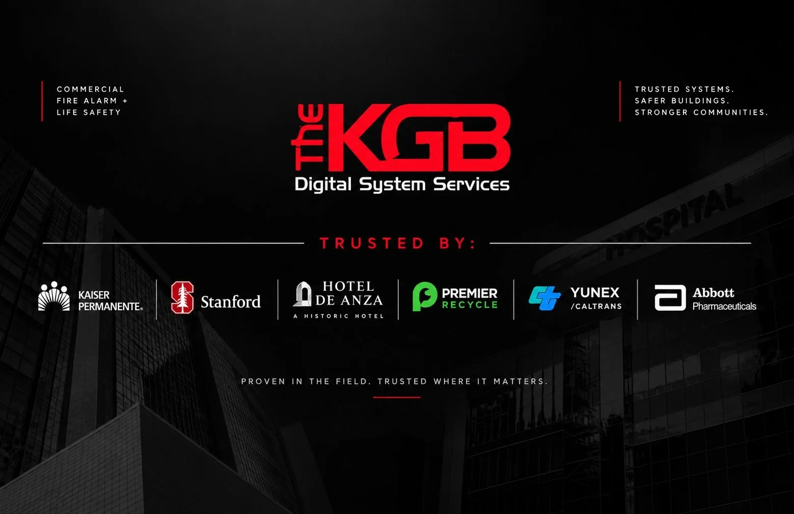 Black and red promotional graphic for The KGB Digital System Services, showcasing trusted companies including Kaiser Permanente, Stanford, Hotel de Anza, Premier Recycle, Yunex Caltrans, and Abbott Pharmaceuticals with their logos.