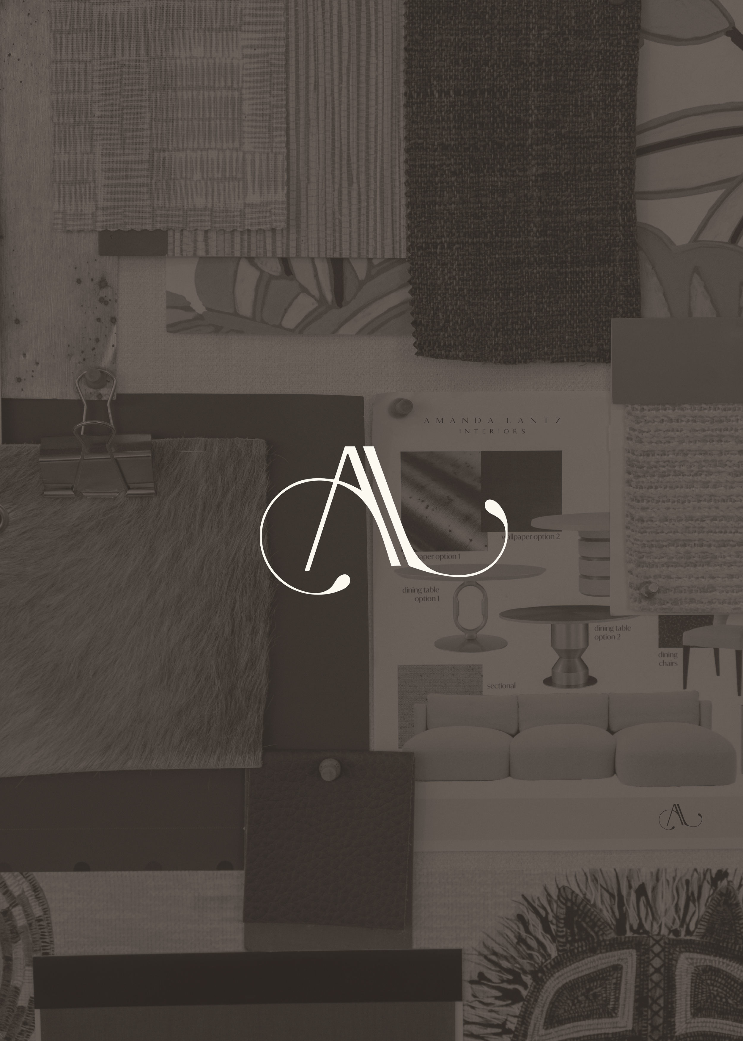 A collection of fabric swatches, design sketches, and interior design ideas pinned to a board, with a stylized logo of overlapping letters 'A' and 'L' in the center.