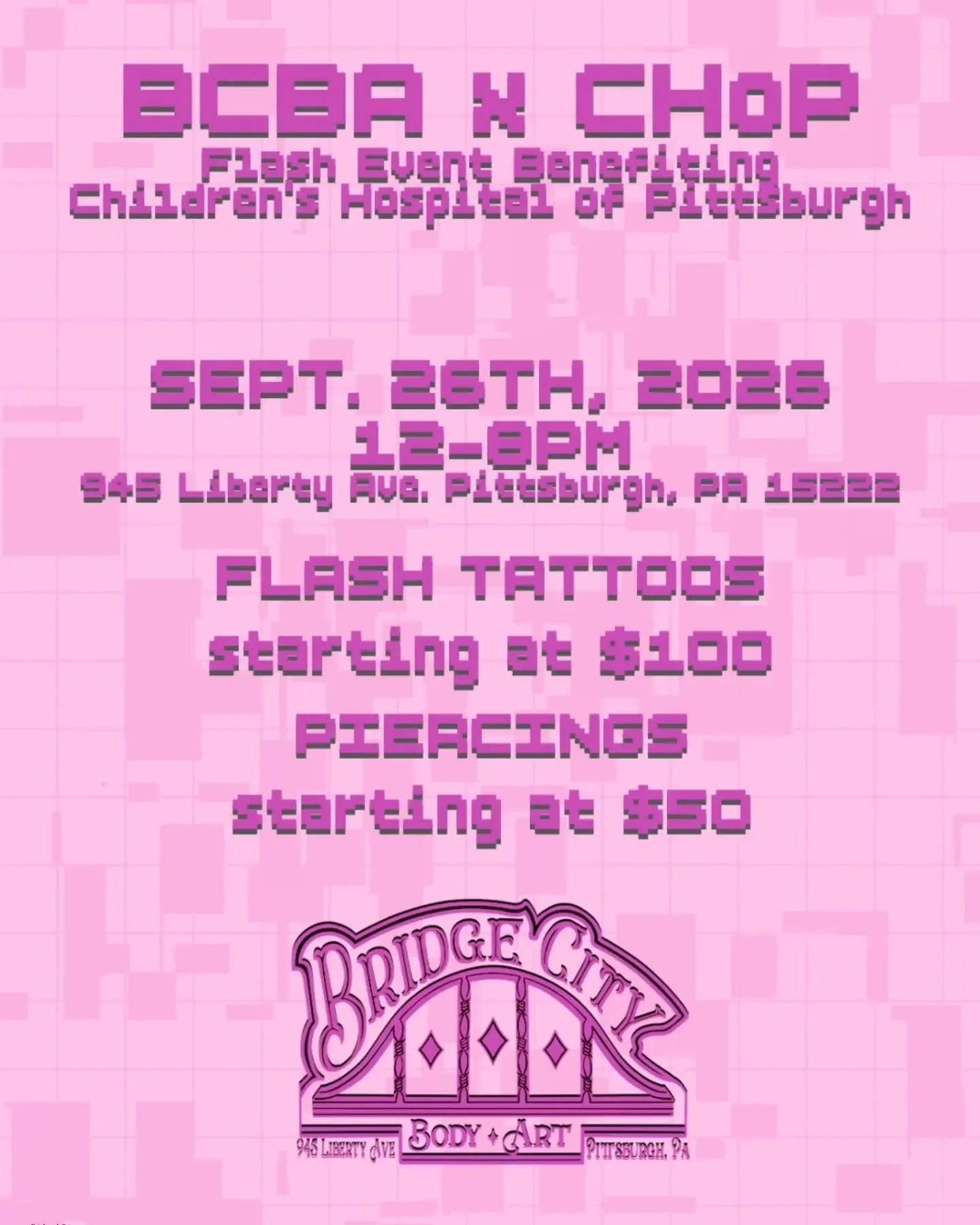 This Saturday! BCBA will be running a flash event to benefit @childrenspgh in collaboration with @cranberrydq 
A variety of flash designs will be available, and Liss will be offering select piercings at $50. 50% of the proceeds will go directly to Ch