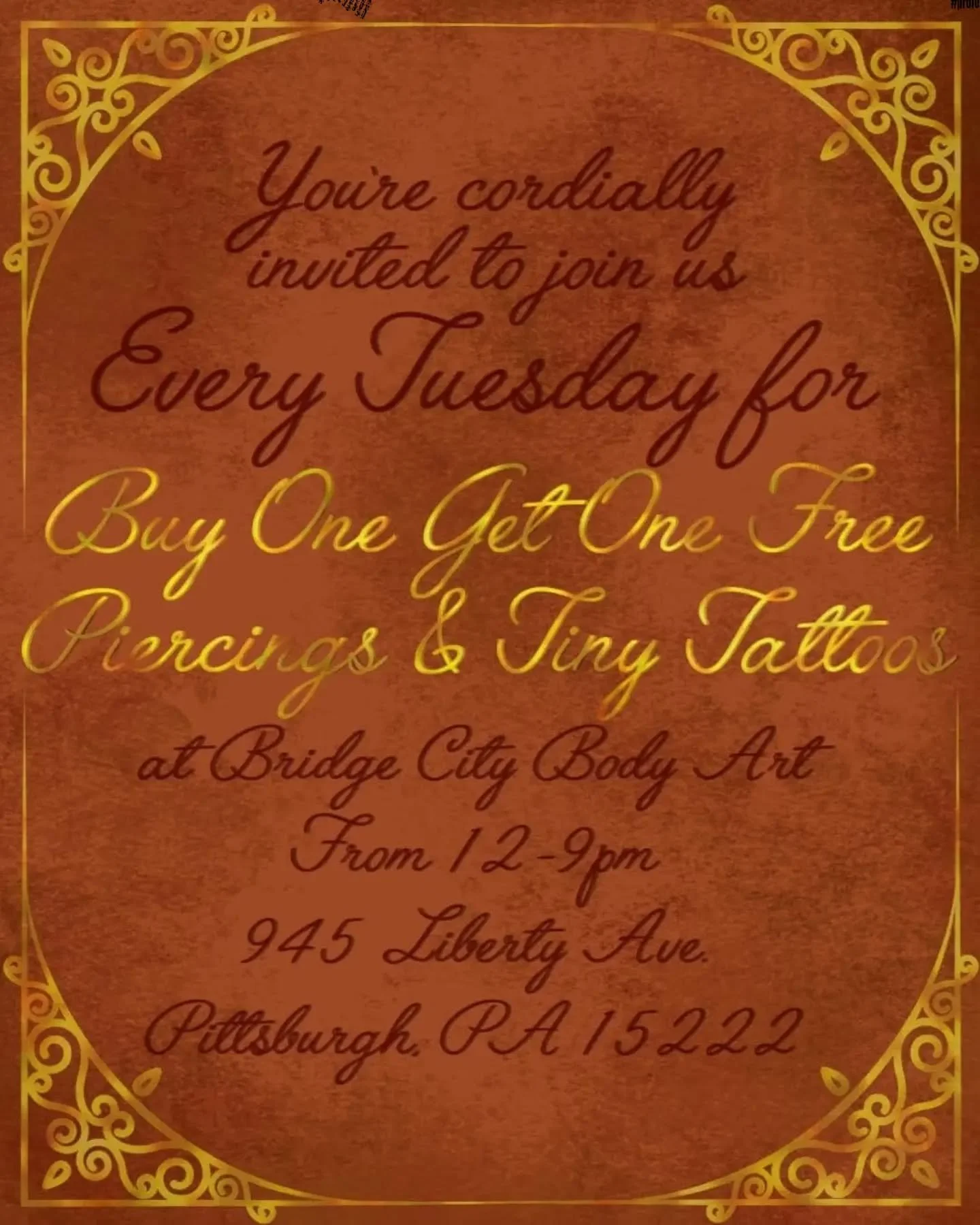 As per usual, every Tuesday is a Twosday at BCBA. #BOGO free tiny tattoos and piercings, 12-8!

#downtownpgh #culturaldistrict #spookyseason #tattoostudio 

Bridge City Body Art
945 Liberty Avenue
Downtown PGH
15222