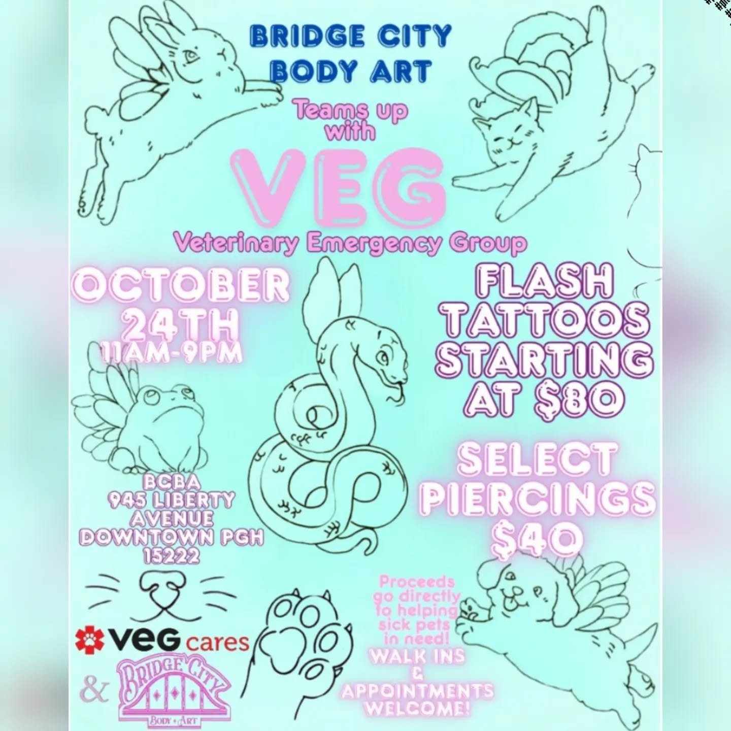 Do you have a furry friend? Do you love them so much that you would go into crippling debt to keep them healthy? Pittsburgh's Veterinary Emergency Group is trying to remedy that! Help us support pets in need by GETTING A COOL TATTOO, it's a win-win s
