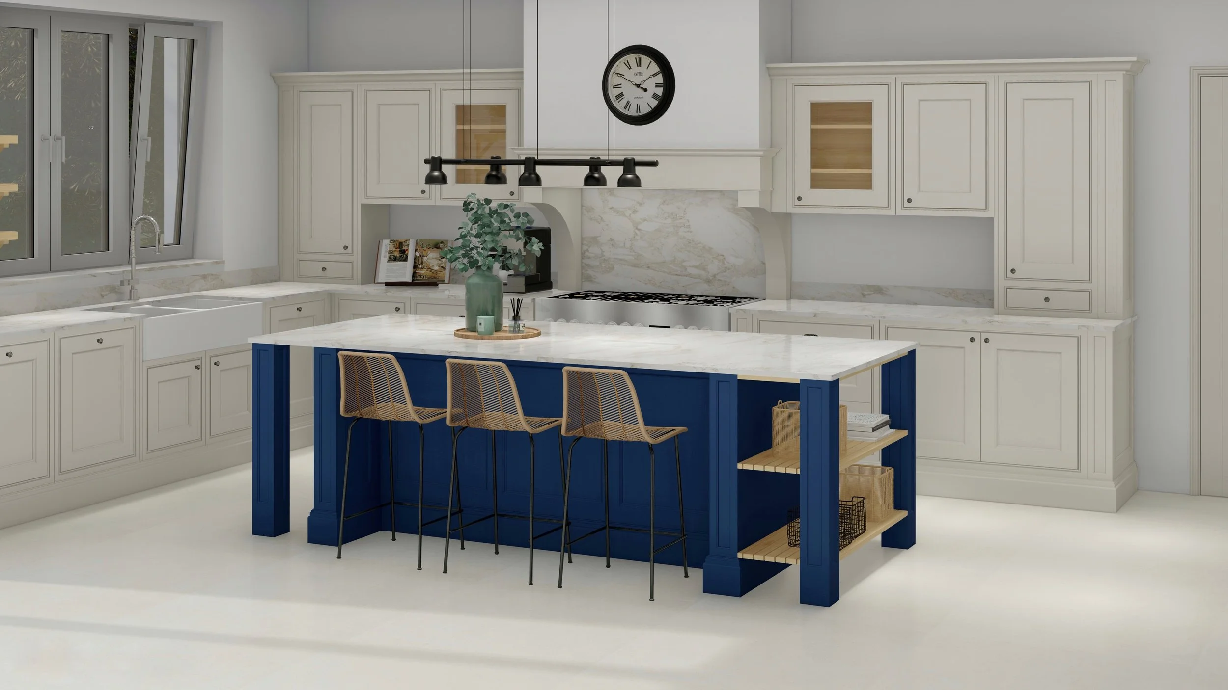 Látványterv törtfehér keretszerkezetű konyhához, quartz munkalappal.  Baal Design