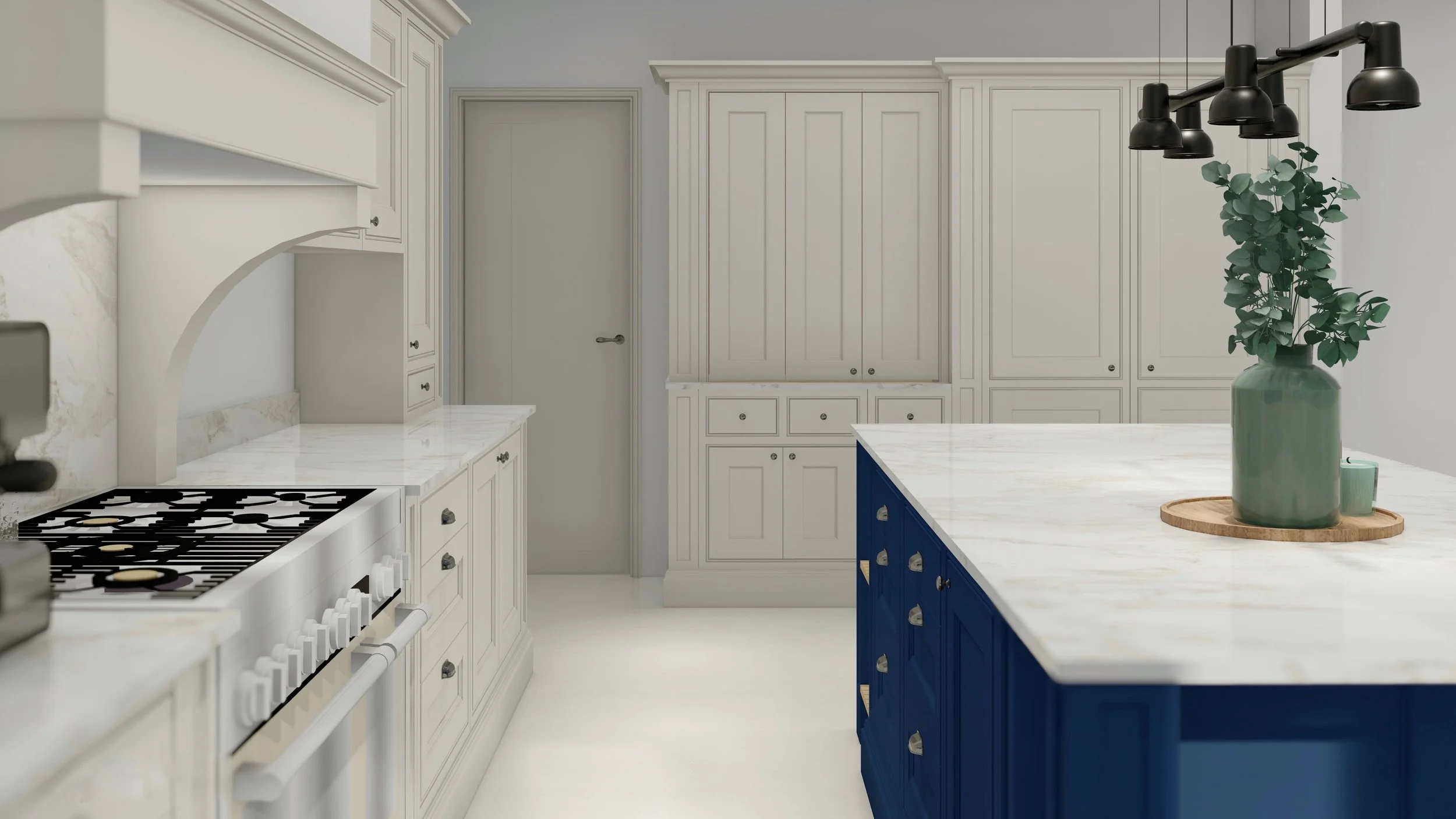 Látványterv törtfehér keretszerkezetű konyhához, quartz munkalappal.  Baal Design