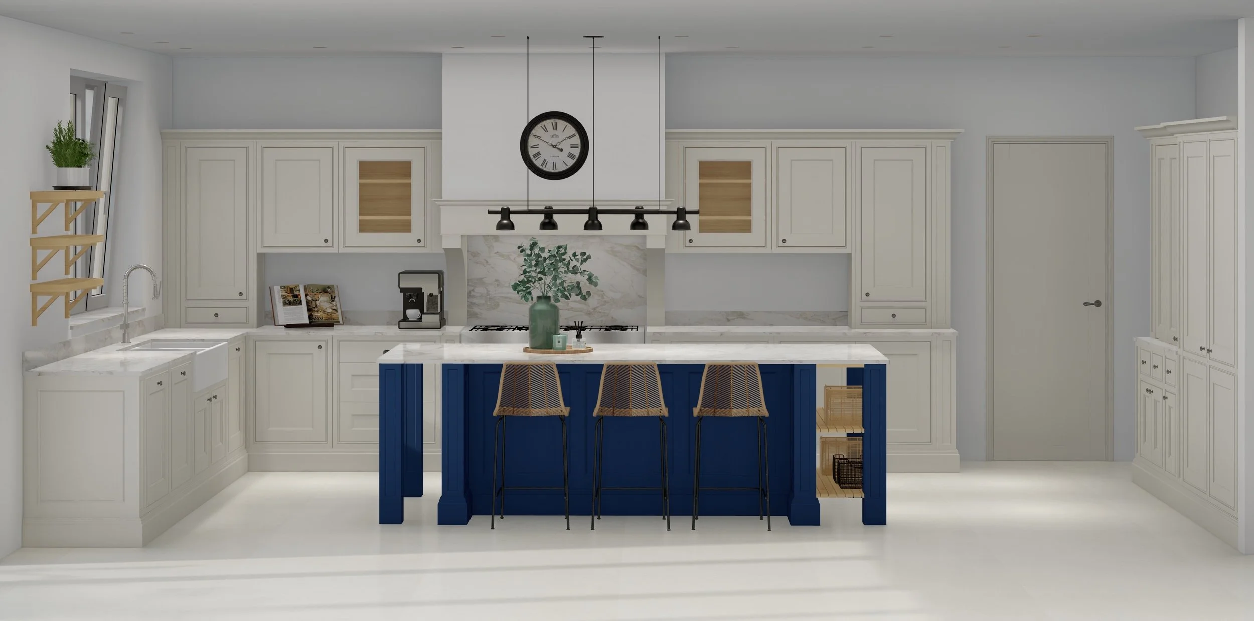 Látványterv törtfehér keretszerkezetű konyhához, quartz munkalappal.  Baal Design